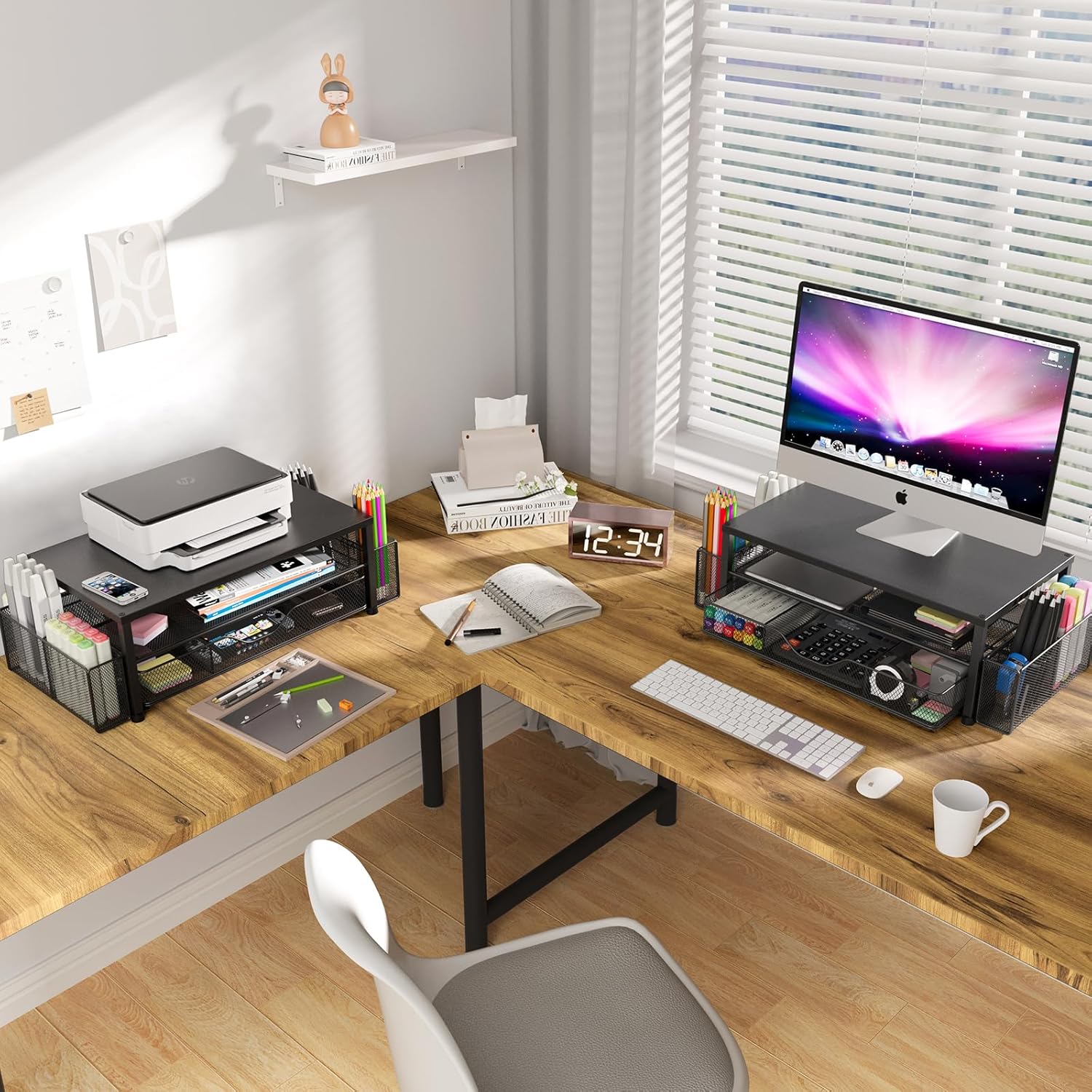 OPNICE Desk Organizer and Accessories, 2-Tier Computer Monitor Stand Riser with Drawer and 2 Pen Holders, Laptop Stand, Office Desk Accessories for Office Supplies, Black 2-Pack