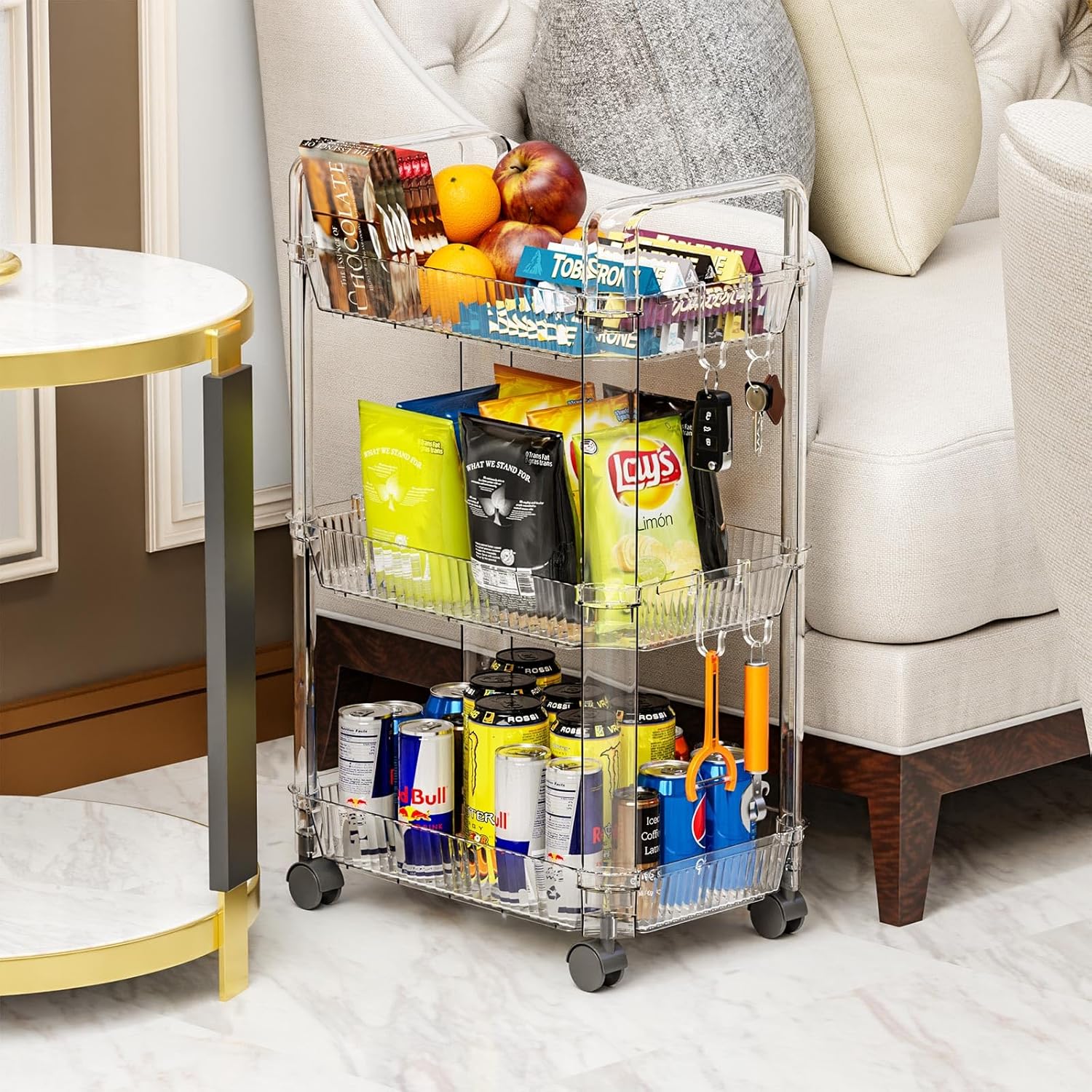 Clear 3 Tier Rolling Utility Cart with Wheels,Modern Bedside Cart for Baby Essentials,Nursery,Diaper Caddy,Baby Supplies,Rolling Storage Carts for Living Room,Bathroom,Kitchen,Book Cart