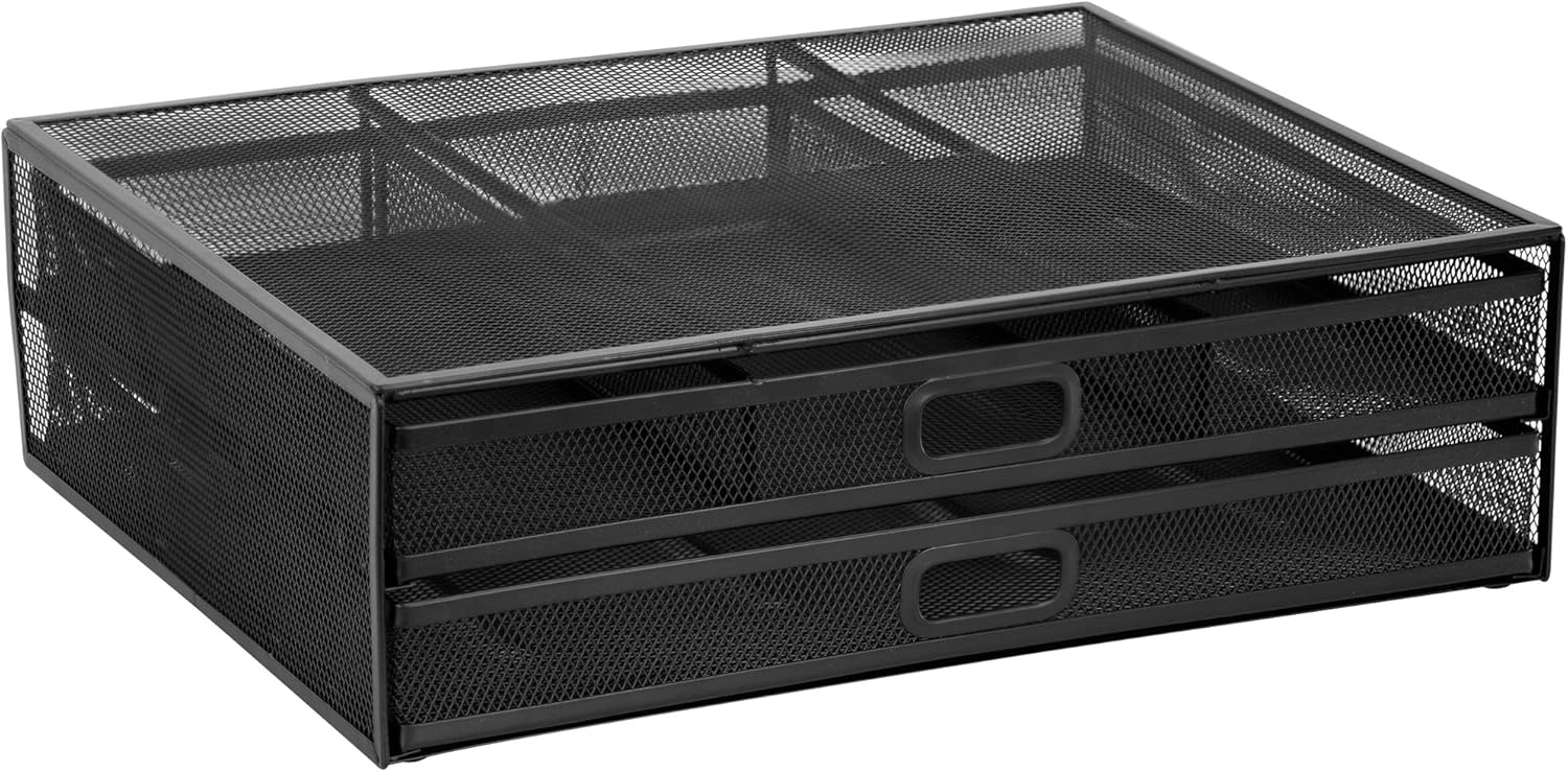 MOUNT-IT! Computer Monitor Stand With Drawers, Metal Mesh Riser and Organizer for Laptops and Computer Screens, Laptop, and Printer Accessories and Office Supplies (Black)