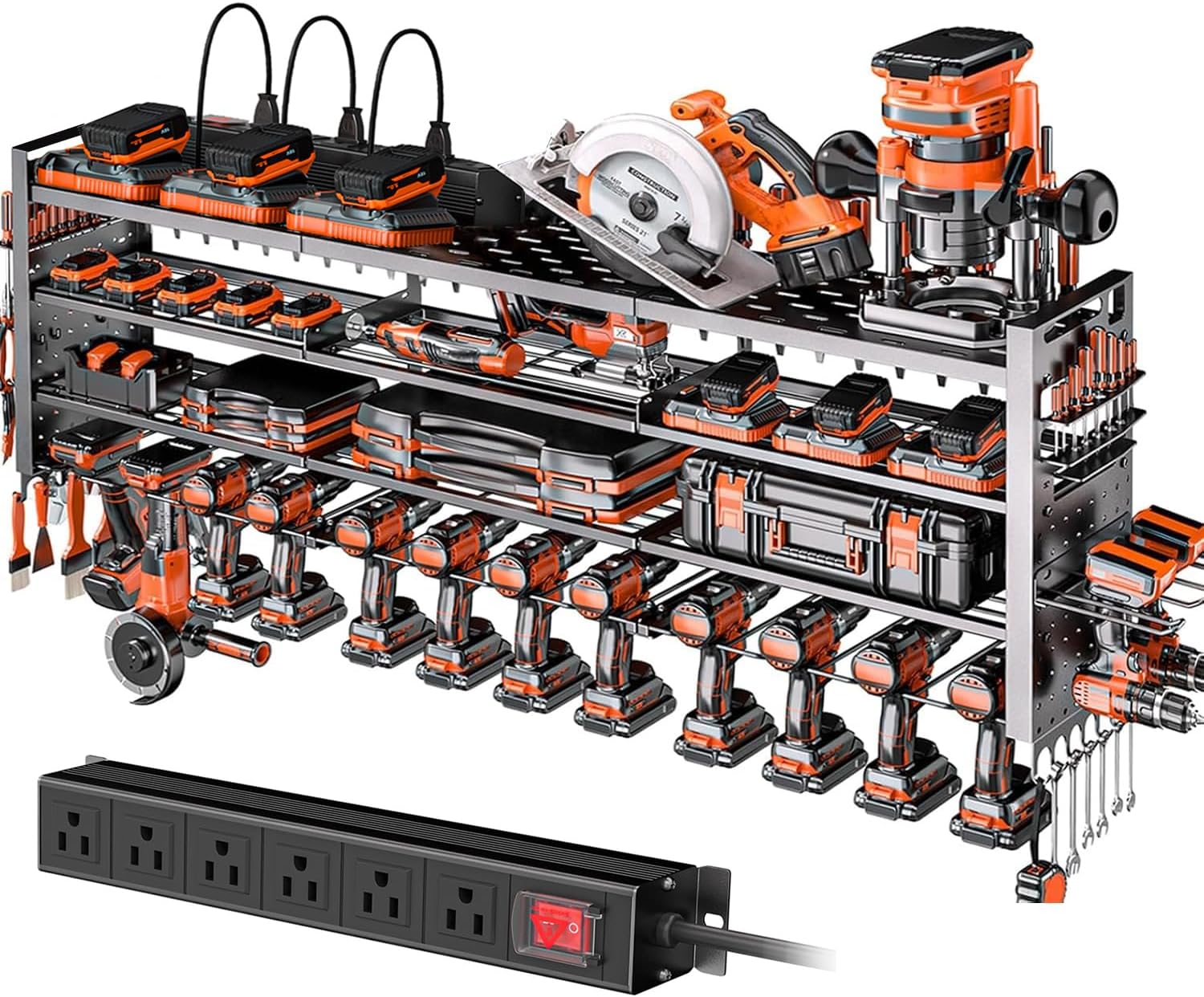 49.8" W Power Tool Organizer Wall Mount with Charging Station, Large Garage Organization with 12 cordless Drill Holder, 4 Layers Tool Organizers and Storage, Tool Rack with 6 Power Strip, Black