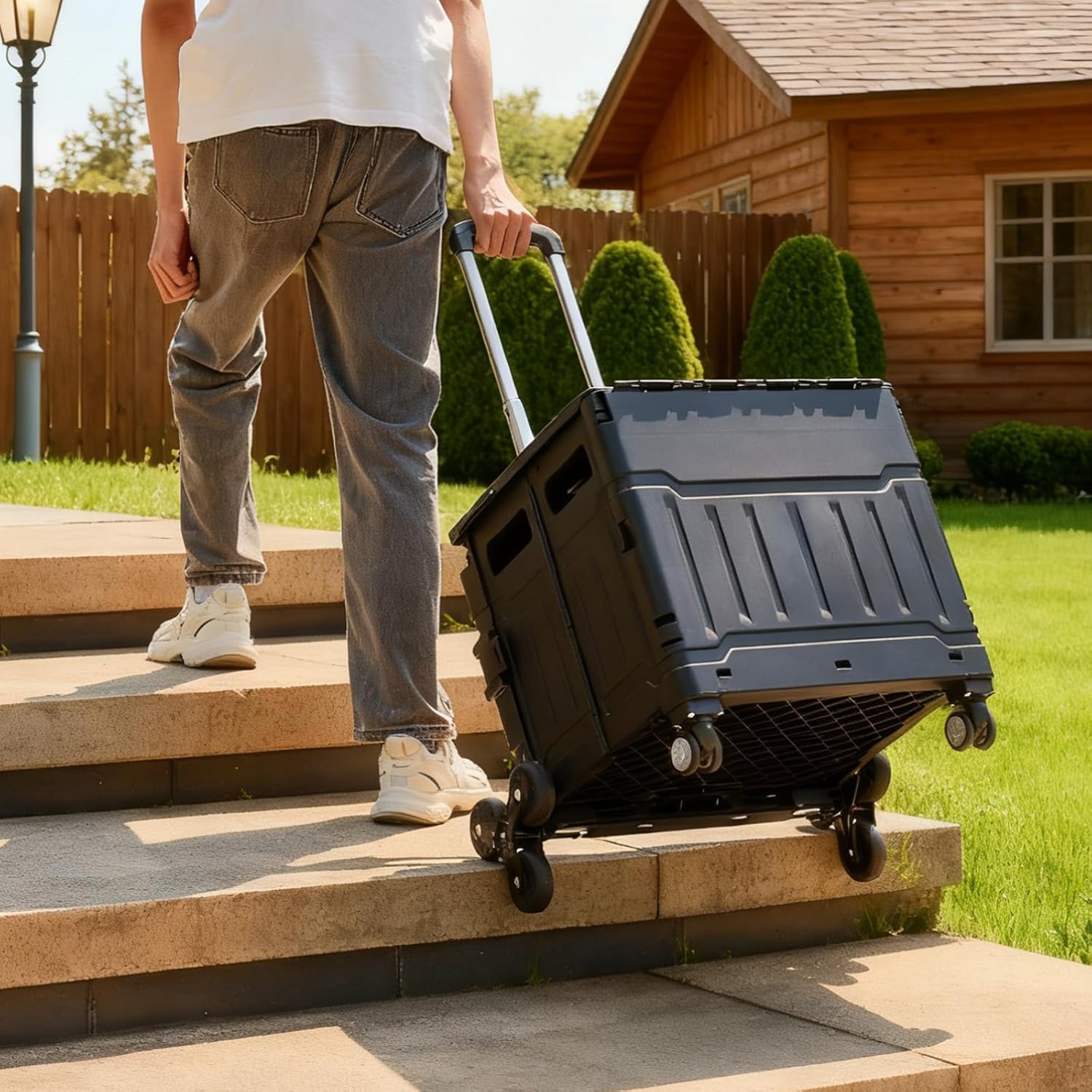 Utility Cart Teacher Cart with Stair Climbing Wheels Foldable Shopping Cart, with Telescopic Handle, Ideal for Outdoor Home Use and Teacher/Student Book Storage. (Black, Large)