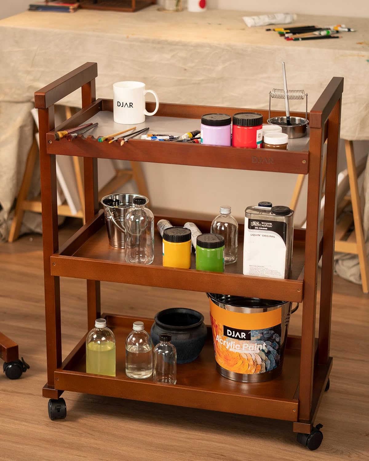 DJAR Rolling Art Supplies Cart, Solid Beech Wood Art Supply Organizert with Caster Wheels, Utility Cart for Adults, Artists, (Walnut, Upgrade)