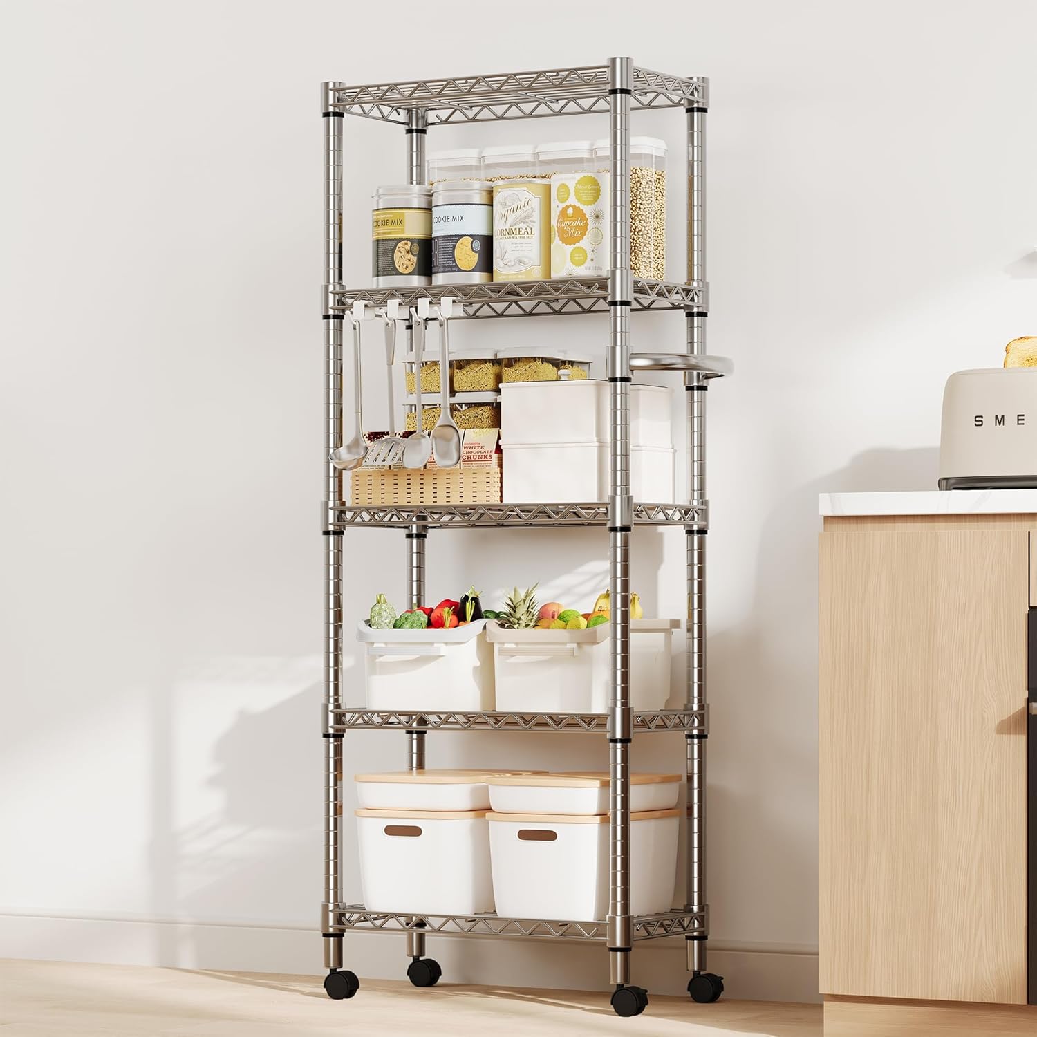 5-Tier Metal Storage Shelving Unit with Wheels, Adjustable Wire Shelf Rack with Side Handle, Stable Metal Shelves Organizer for Pantry, Kitchen and Closet,11.8" W x 23.6" D x 61" H
