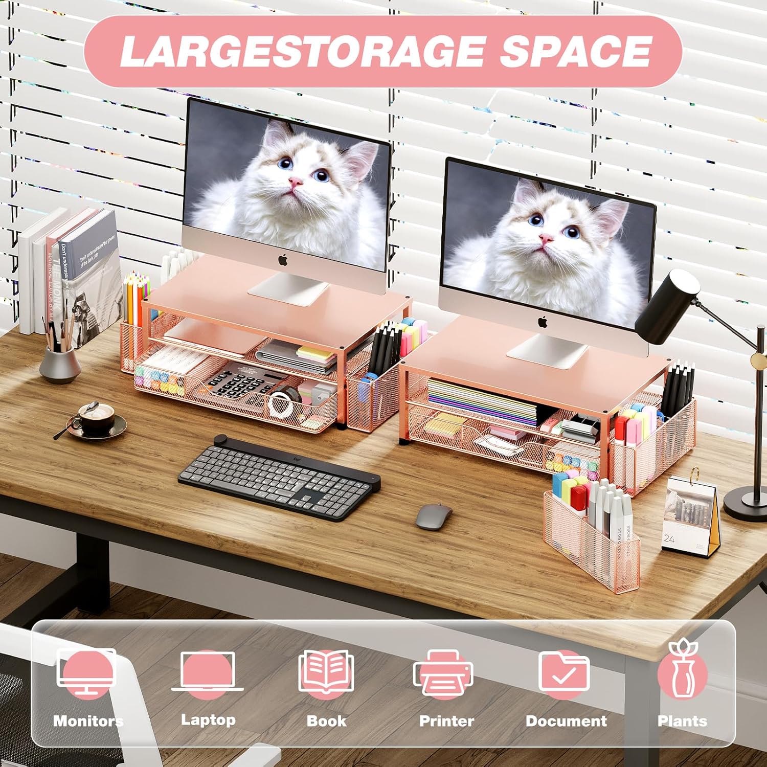 OPNICE Desk Organizers and Accessories, 2-Tier Computer Monitor Stand with Drawer and 2 Pen Holders, Laptop Stand, Office Desk Accessories for Office Supplies, Rose Gold