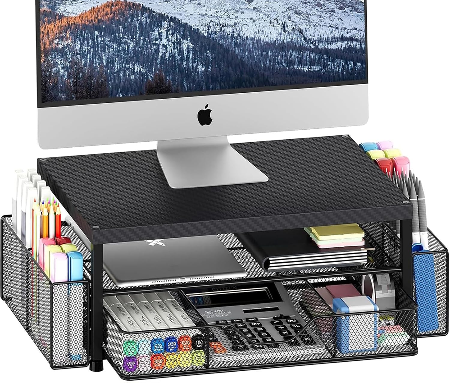 OPNICE Desk Organizer and Accessories, 2-Tier Computer Monitor Stand with Drawer and 2 Pen Holders, Laptop Stand, Office Desk Accessories for Office Supplies, Carbon Fiber