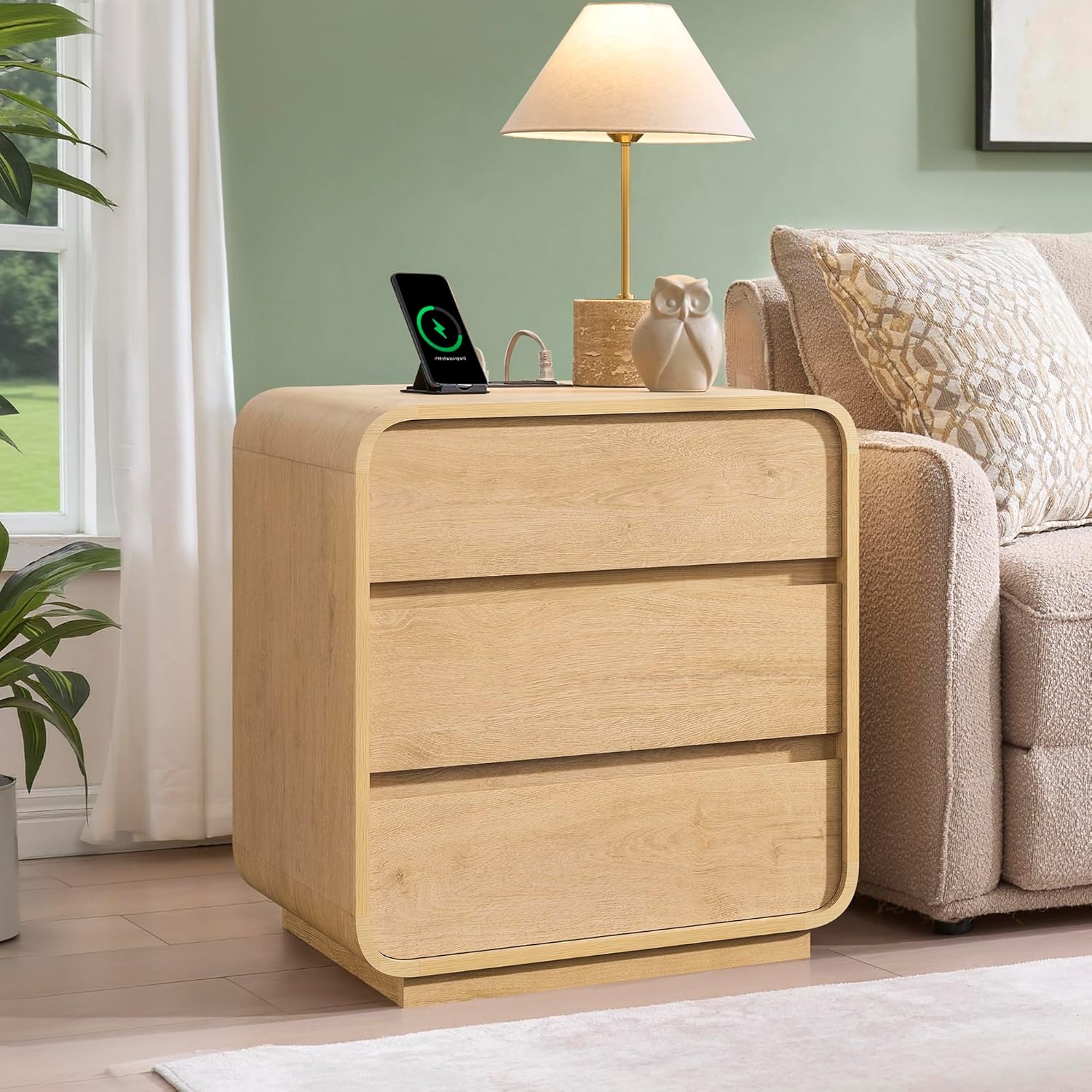 Modern Nightstand Set of 2, 23.2" Large Wood Night Stand with Charging Station & Curved Profile, 3 Storage Drawers Dresser Bedside Table, Mid-Century End Table for Bedroom Sofa, Natural