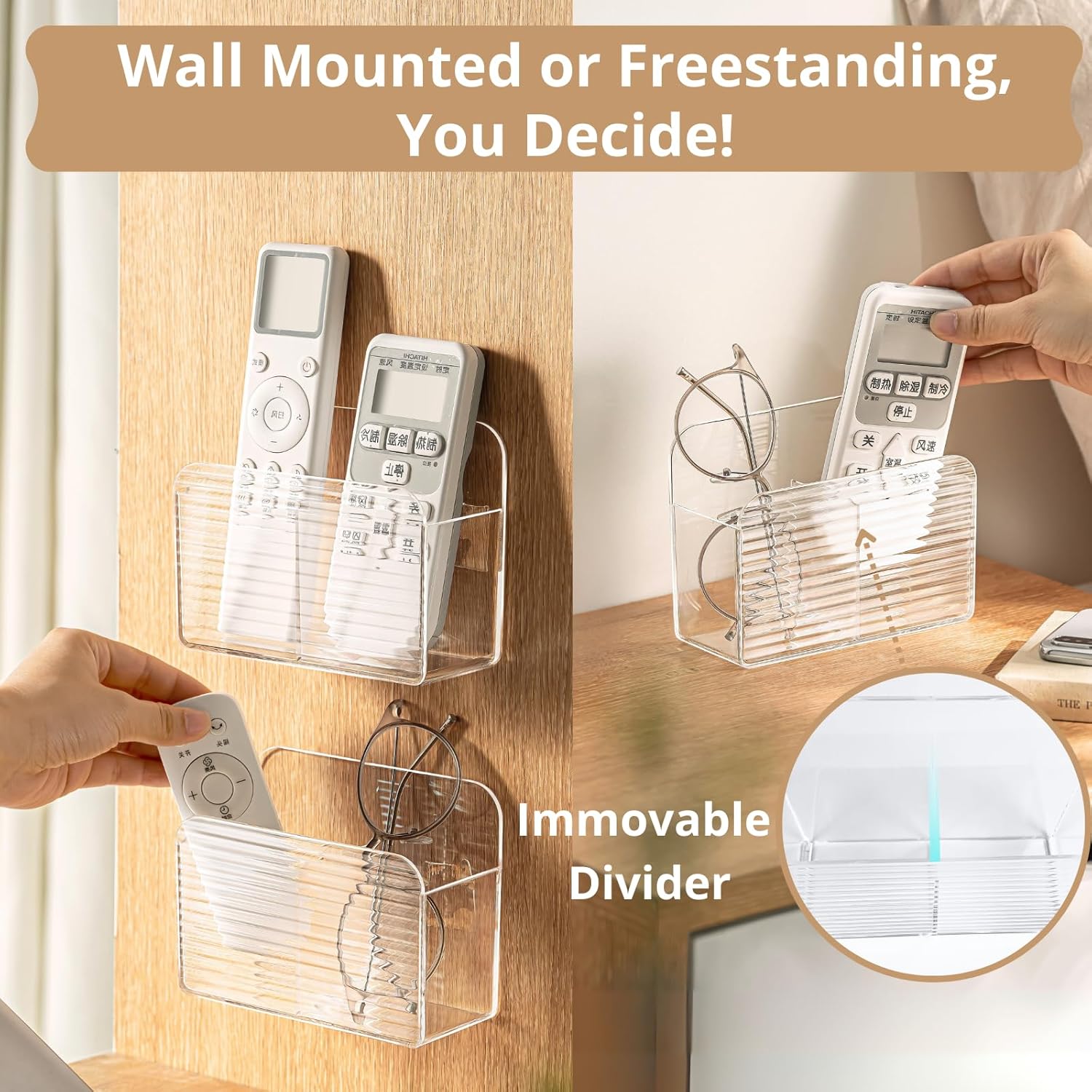LINFIDITE Adhesive TV Remote Control Holder Wall Mount TV Remote Holder For Bedside Wall Remote Control Caddy Storage Organizer Stand Box （For 2 Or 4 Remote Controls – Transparent – Quantity 1）