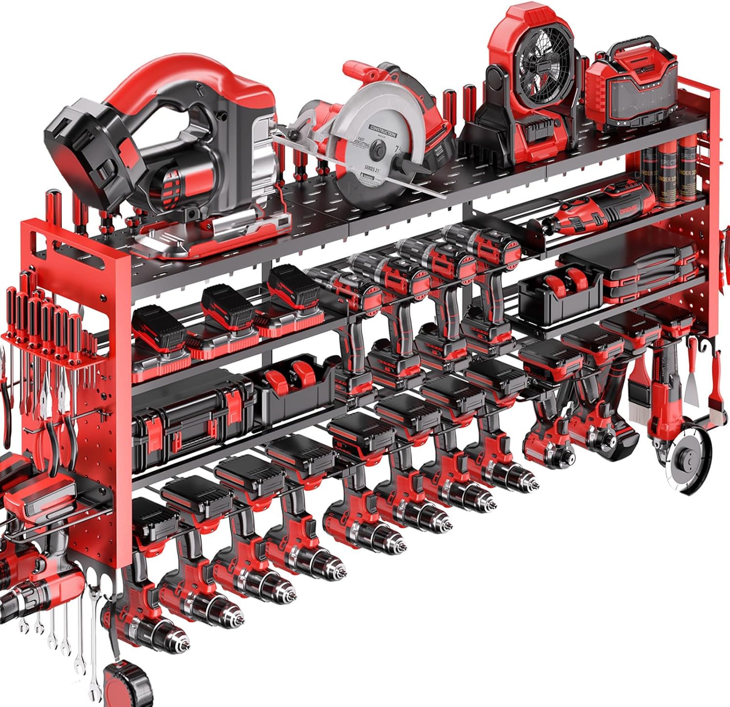 49.8" W Super Large Power Tool Organizer Wall Mount,4-Layer Heavy Duty Tool Storage with 18 Cordless Drill Holder,600 lb Capacity Garage Organization for Garage and Workshop (Red)