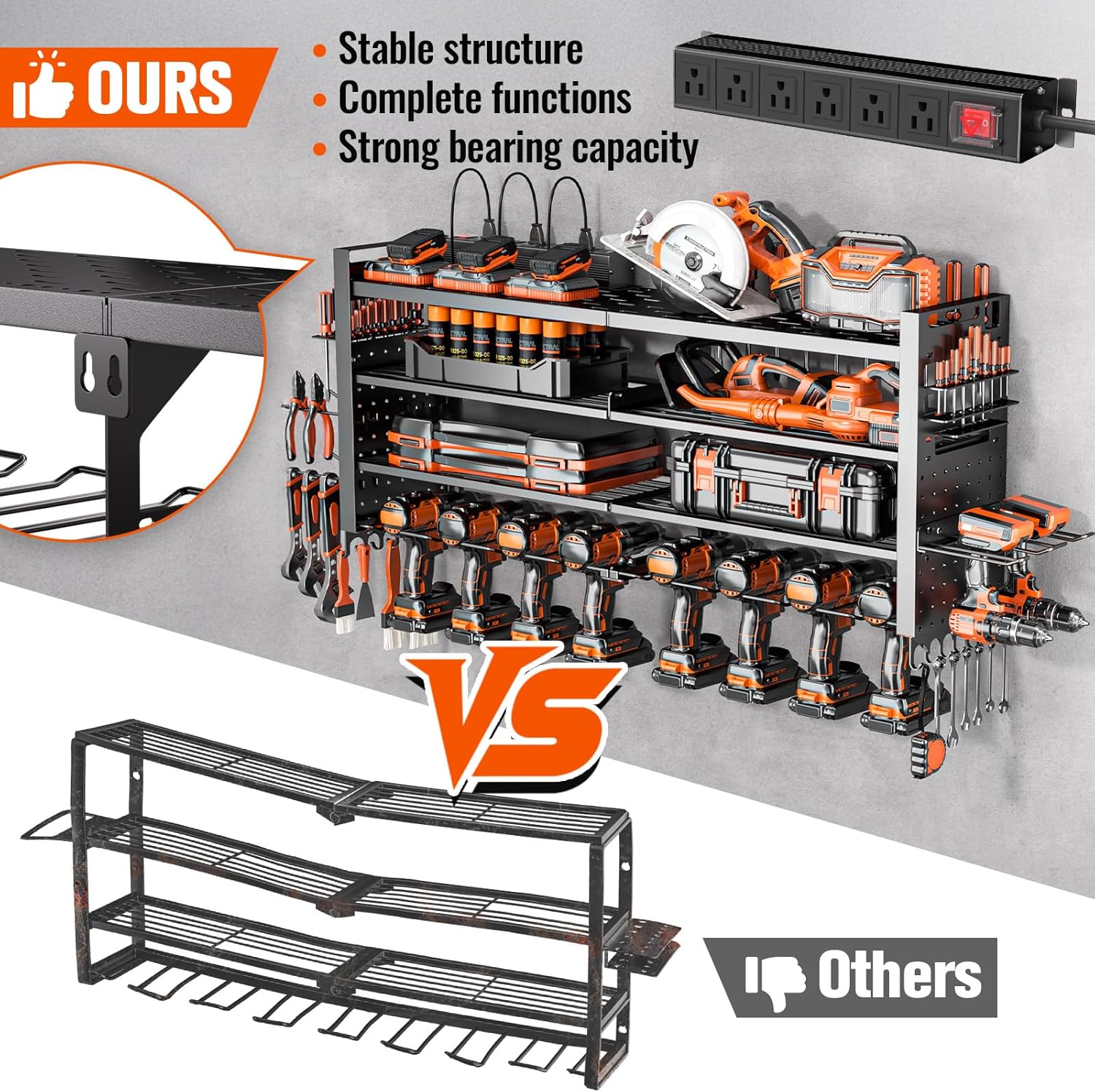 Heavy Duty Power Tool Organizer Wall Mount with Charging Station, Large Garage Organization with 10 cordless Drill Holder, 4 Layers Tool Organizers and Storage, Tool Rack with 6 Power Strip, Black