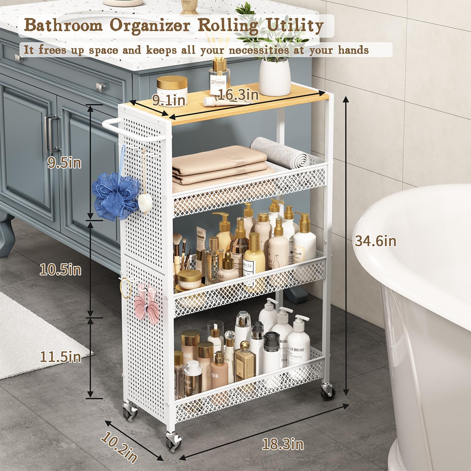 Utility Slim Storage Cart 4 Tier Small Rolling Kitchen Laundry Room Organization Cart with Wood Top Metal Narrow Laundry Room Shelves Cabinet Unit Laundry Organizer Trolley with Handle for Small space