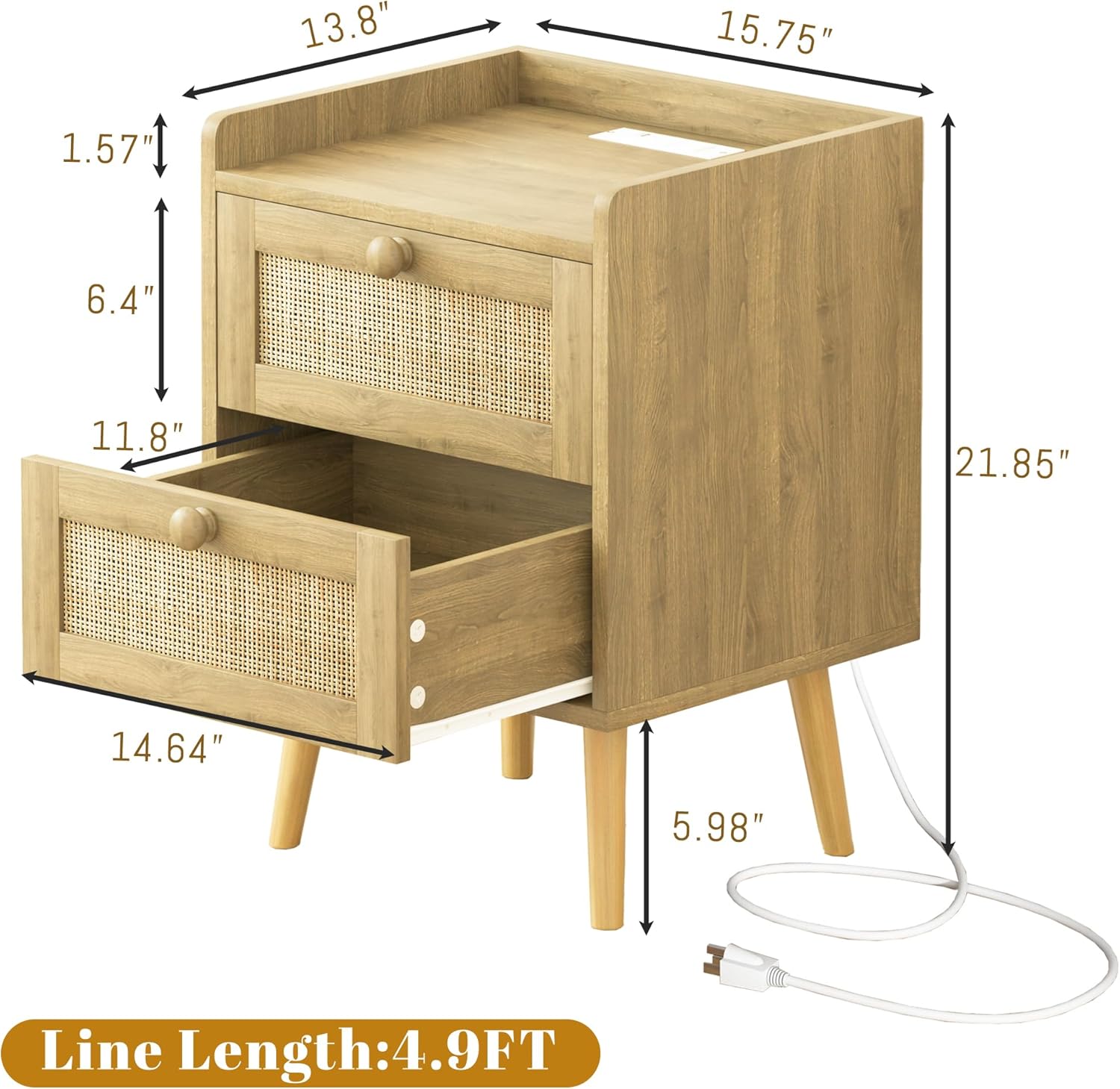 Rattan Nightstand with Charging Station, Mid Century Modern Bedside Side Table with 2 Drawers, Boho End Table with Wood Legs for Bedroom Natural Night Stand for Living Room