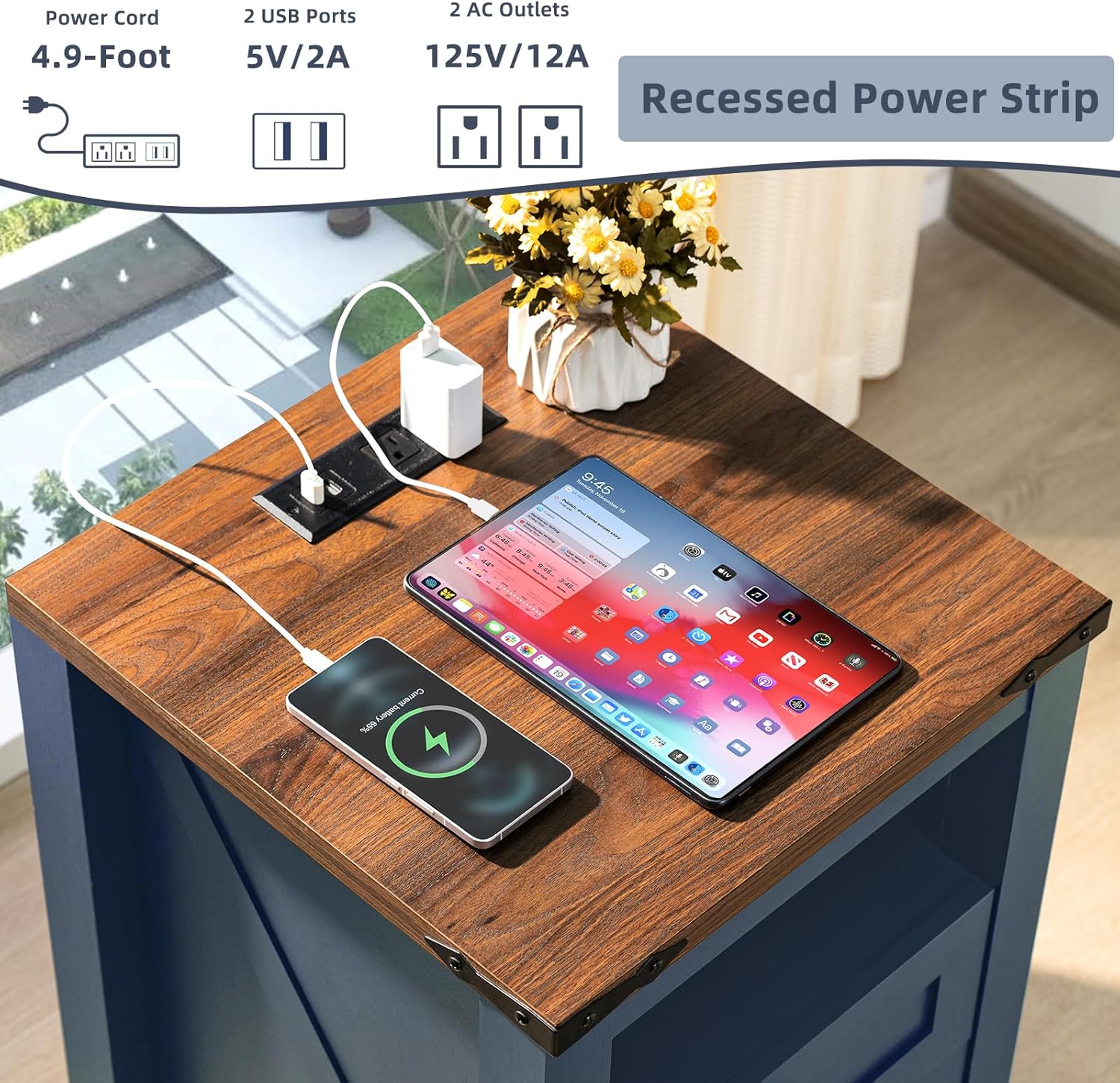 Nightstand with Charging Station, Farmhouse Night Stand with 2 Drawers and Shelf Storage, Blue Wooden Side End Table, Bedside Cabinet for Bedroom, Living Room, Closet,Office