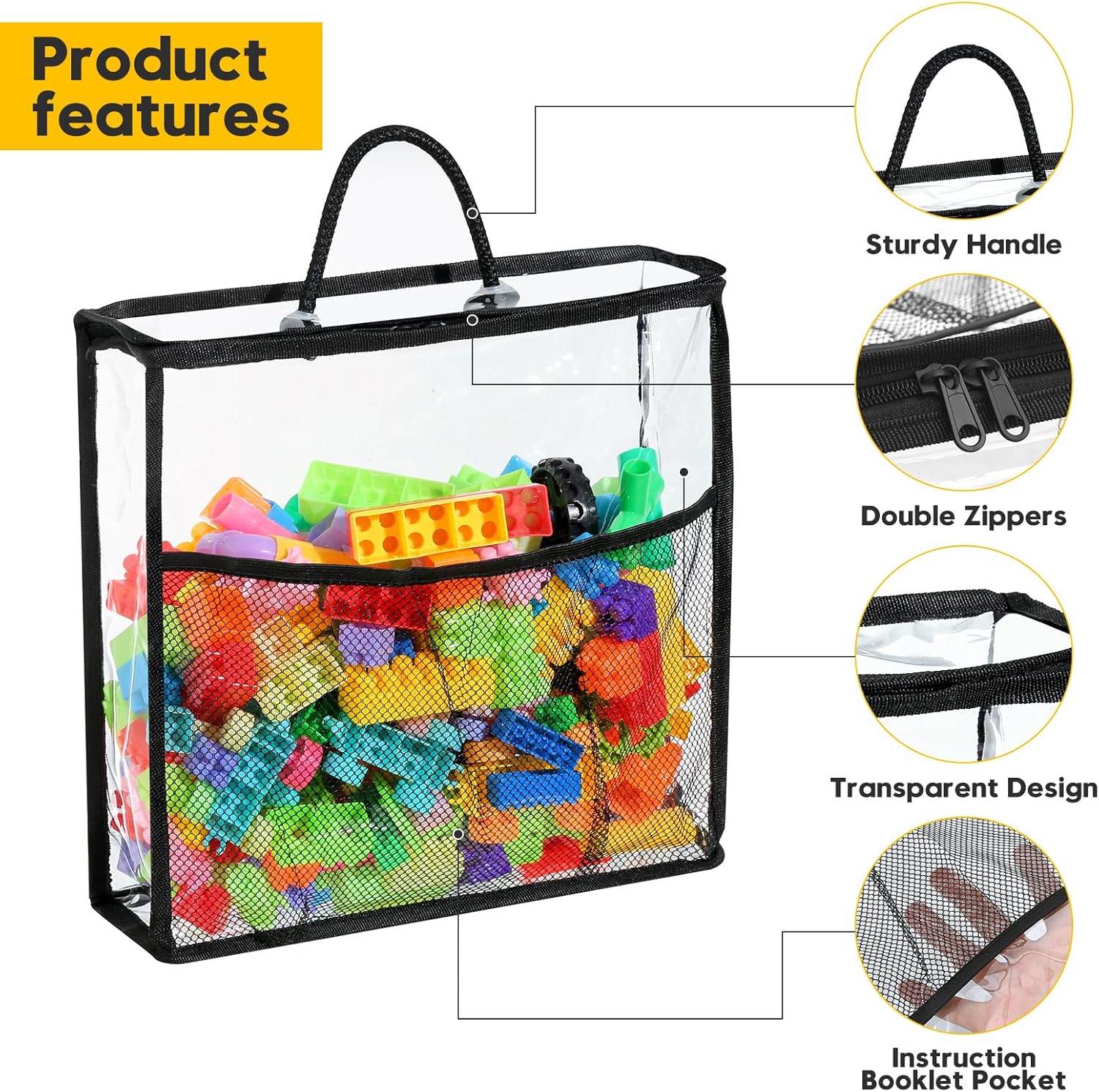 10 PCS Clear Zippered Toy Storage Bags with handle, Kids Toy Storage Organizer with Mesh Pocket for Instructions, Playroom Toy Organizer Plastic Storage Bags for Blocks Set Puzzles,Small Toys