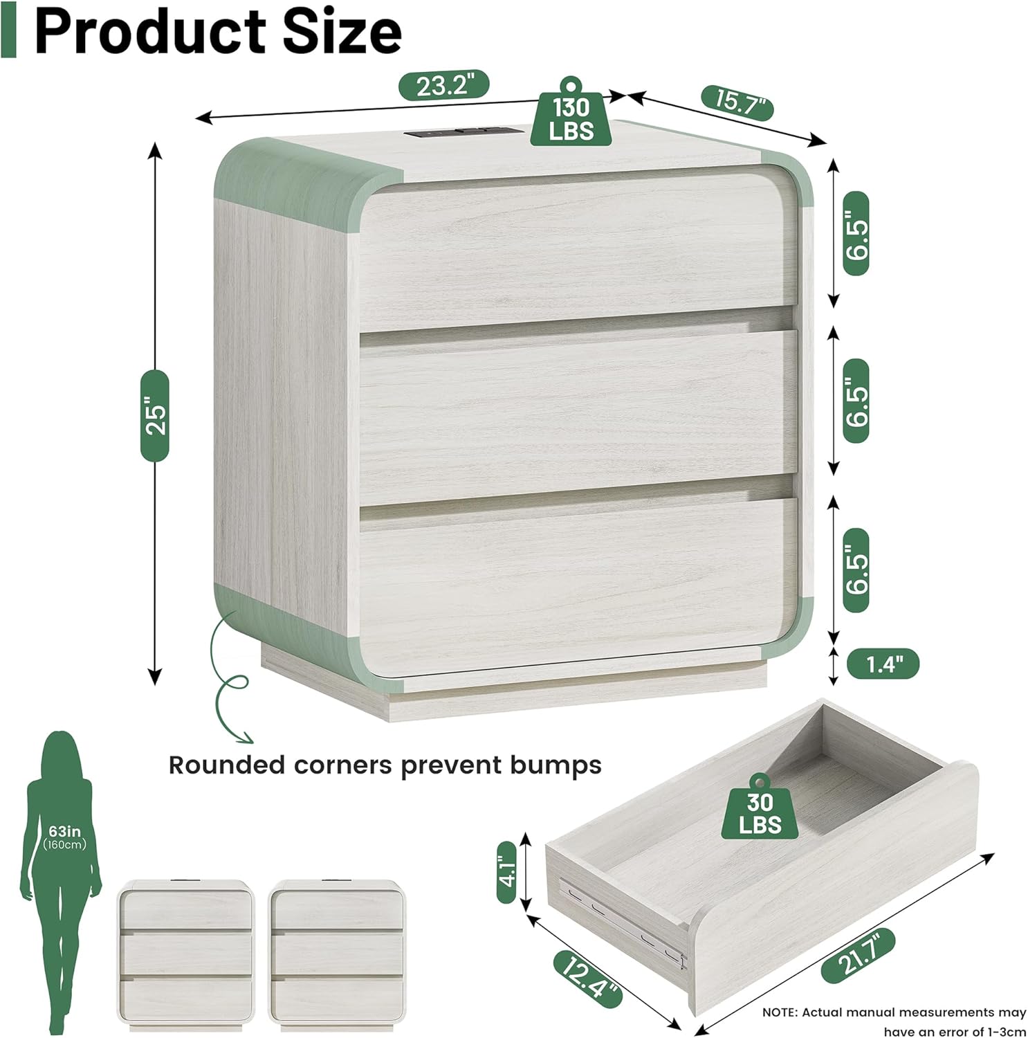 White Nightstand Set of 2 with Charging Station, 23.2" Wide Wood Night Stand, Modern Bedside Table with 3 Storage Drawers, Curved Profile, Mid Century End Table for Bedroom Office