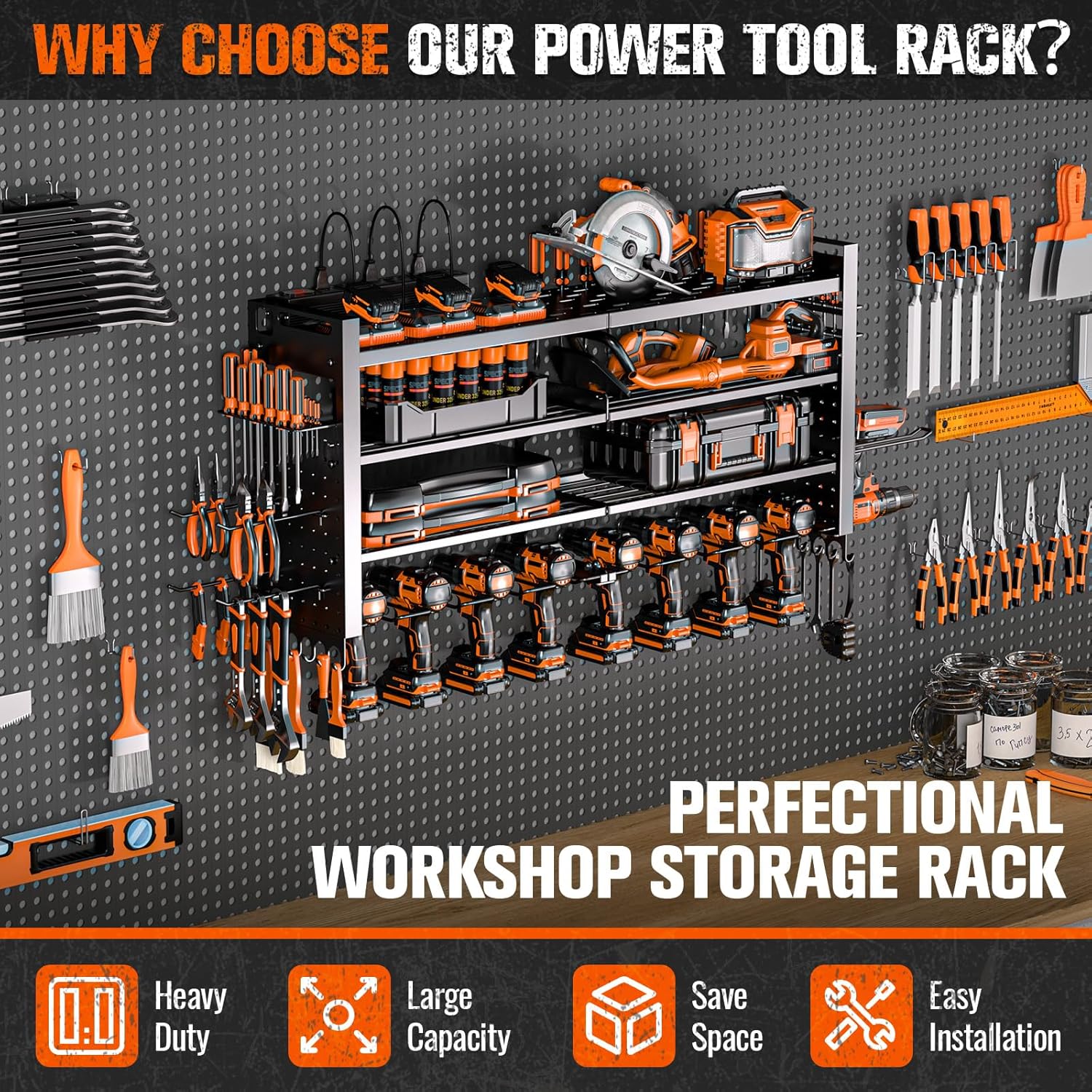 Heavy Duty Power Tool Organizer Wall Mount with Charging Station, Large Garage Organization with 10 cordless Drill Holder, 4 Layers Tool Organizers and Storage, Tool Rack with 6 Power Strip, Black