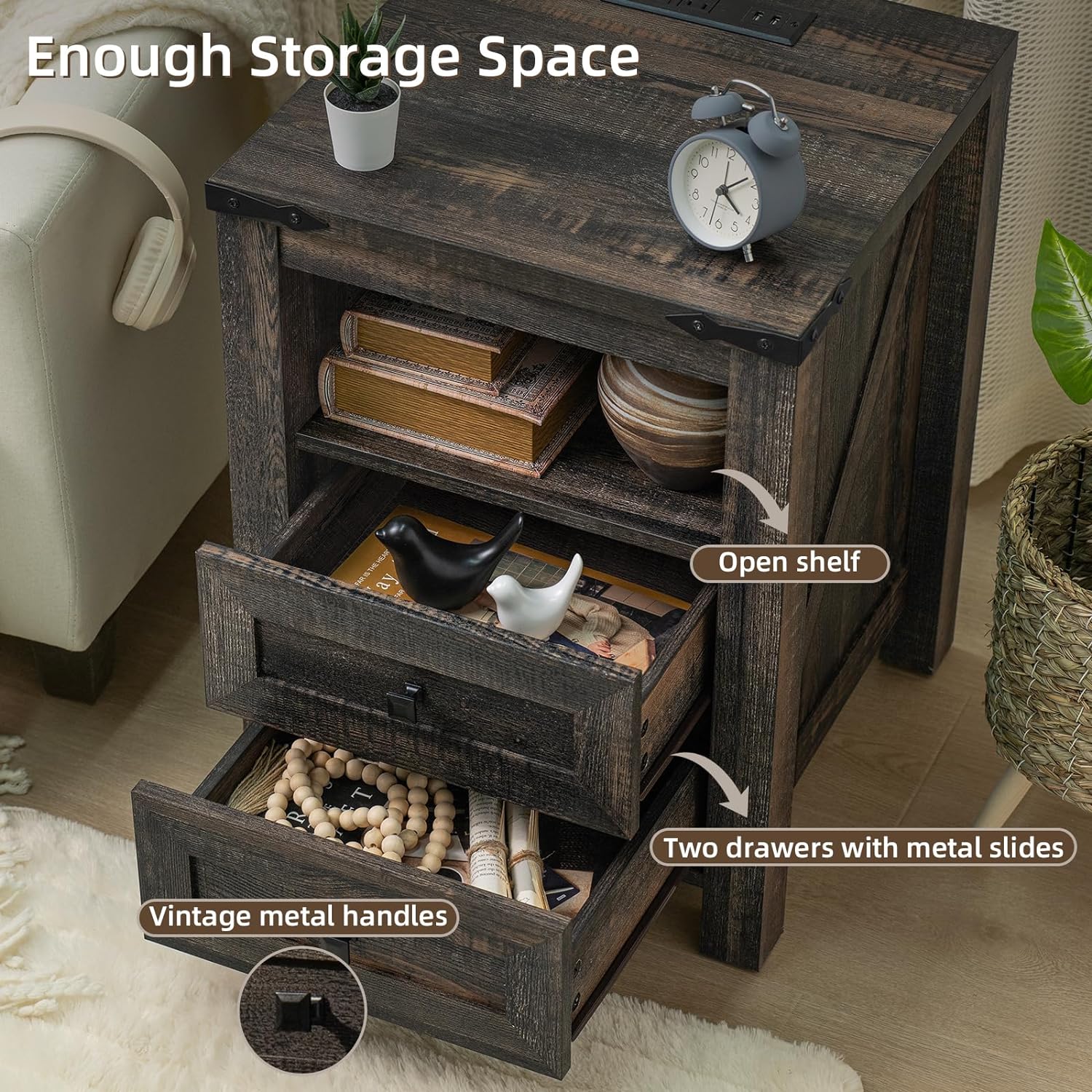 Nightstand with Charging Station and USB Port, Farmhouse Side End Table with 2 Drawers and Shelf Storage, Wooden Sofa Table, Bedside Cabinet for Bedroom, Living Room, Closet, Office (Dark Oak)