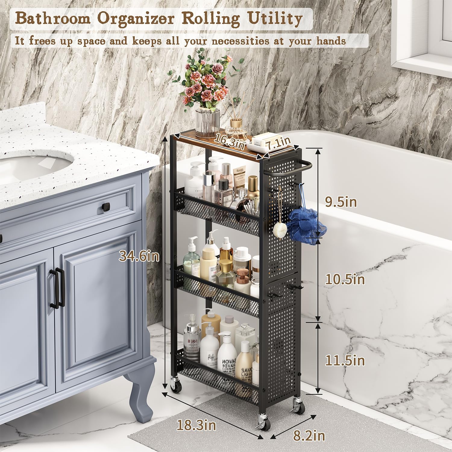 Utility Slim Storage Cart 4 Tier Small Rolling Kitchen Laundry Room Organization Cart with Wood Top Metal Narrow Laundry Room Shelves Cabinet Unit Laundry Organizer Trolley with Handle for Small space