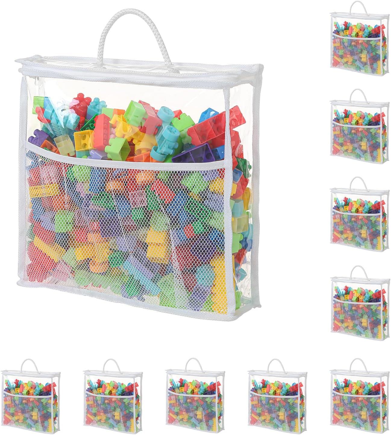 10 PCS Clear Zippered Toy Storage Bags with handle, Kids Toy Storage Organizer with Mesh Pocket for Instructions, Playroom Organizer Plastic Bags for Blocks Set Puzzles-White