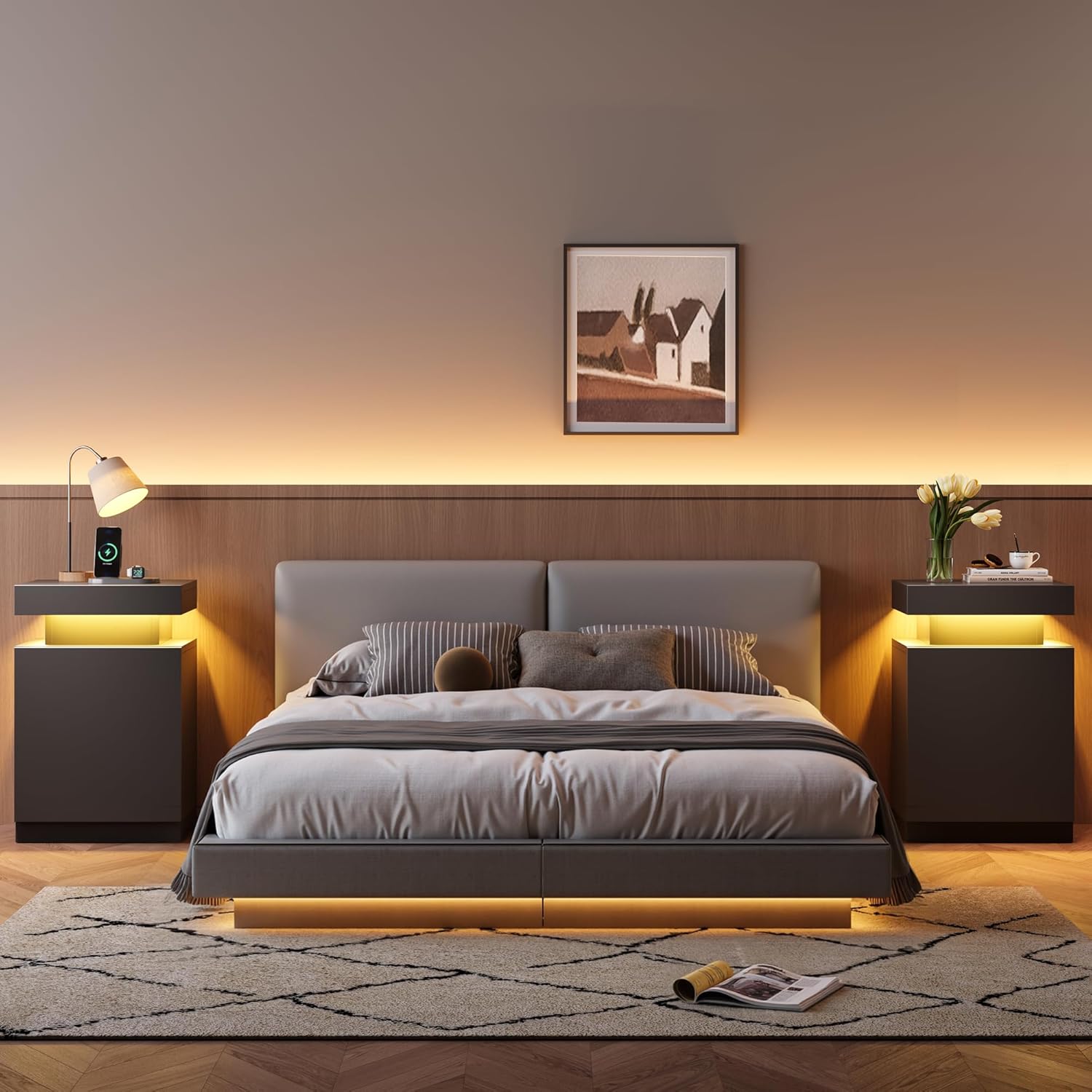 MXV Nightstand with LED Lights & Charging Station, Black Bedside Tables with USB Ports, Storage Cabinet & Drawers for Bedroom, Modern End Tables for Living Room (Black, 17.7，Set of 2)