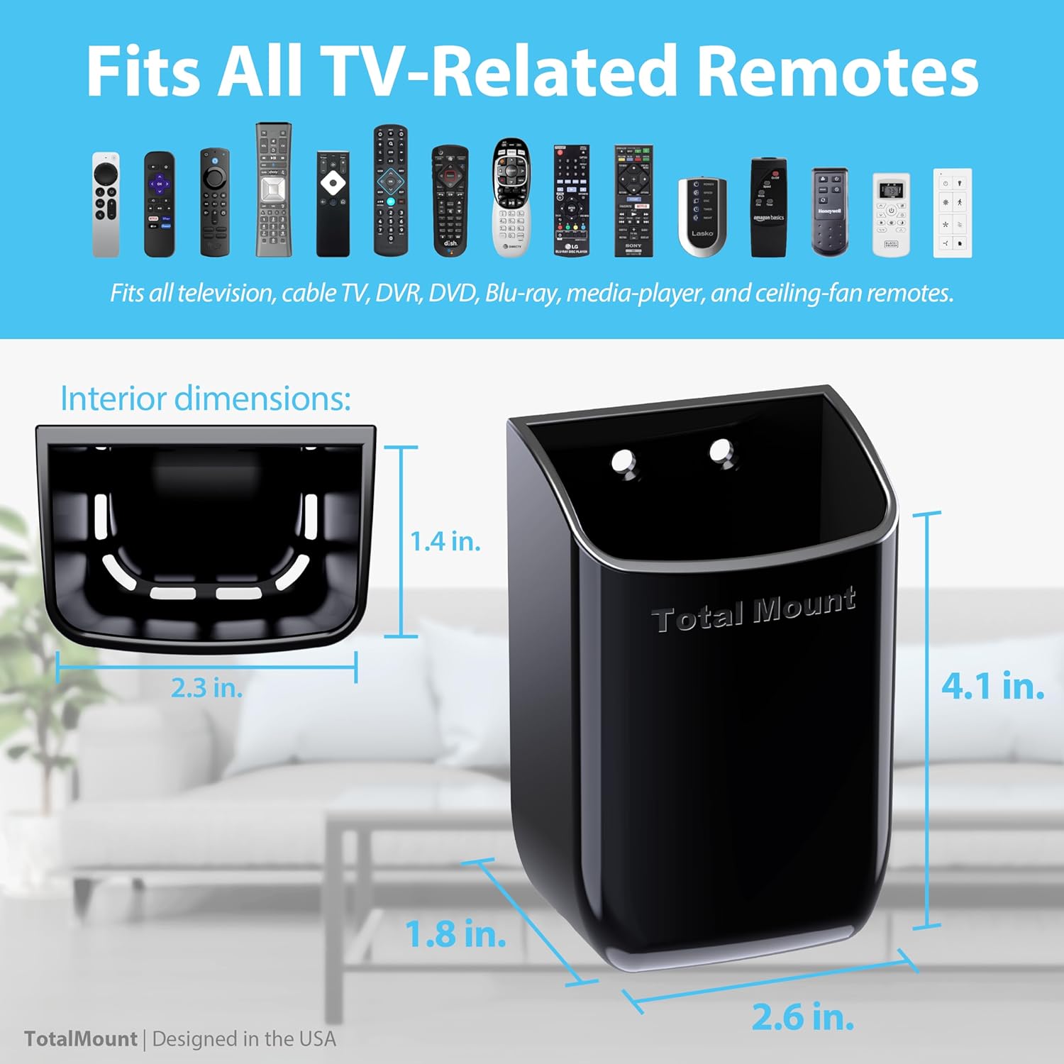 TotalMount Hole-Free Remote Control Holder – Eliminates Need to Drill Holes in Your Wall (Black, Quantity 1)