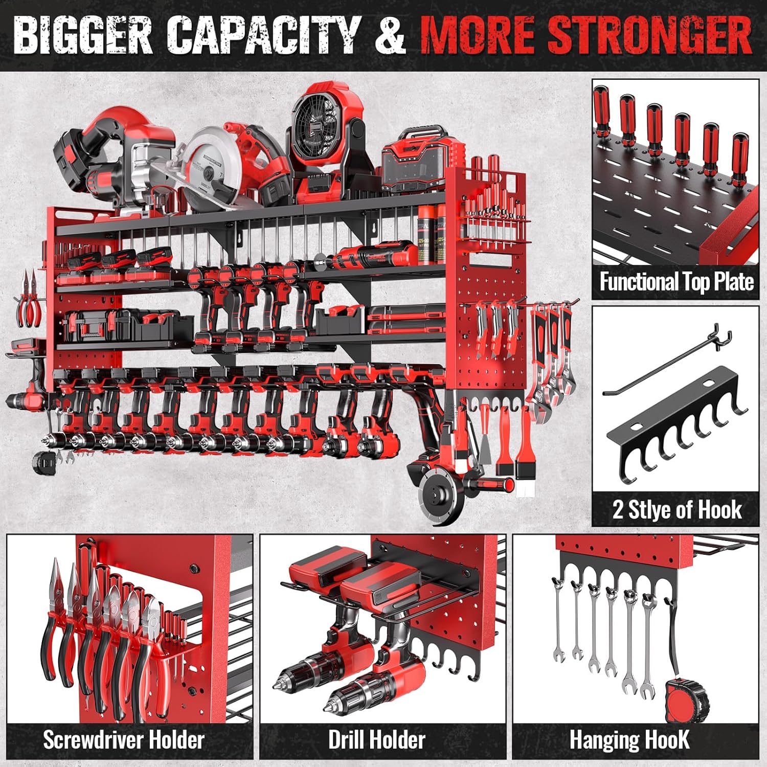 49.8" W Super Large Power Tool Organizer Wall Mount,4-Layer Heavy Duty Tool Storage with 18 Cordless Drill Holder,600 lb Capacity Garage Organization for Garage and Workshop (Red)