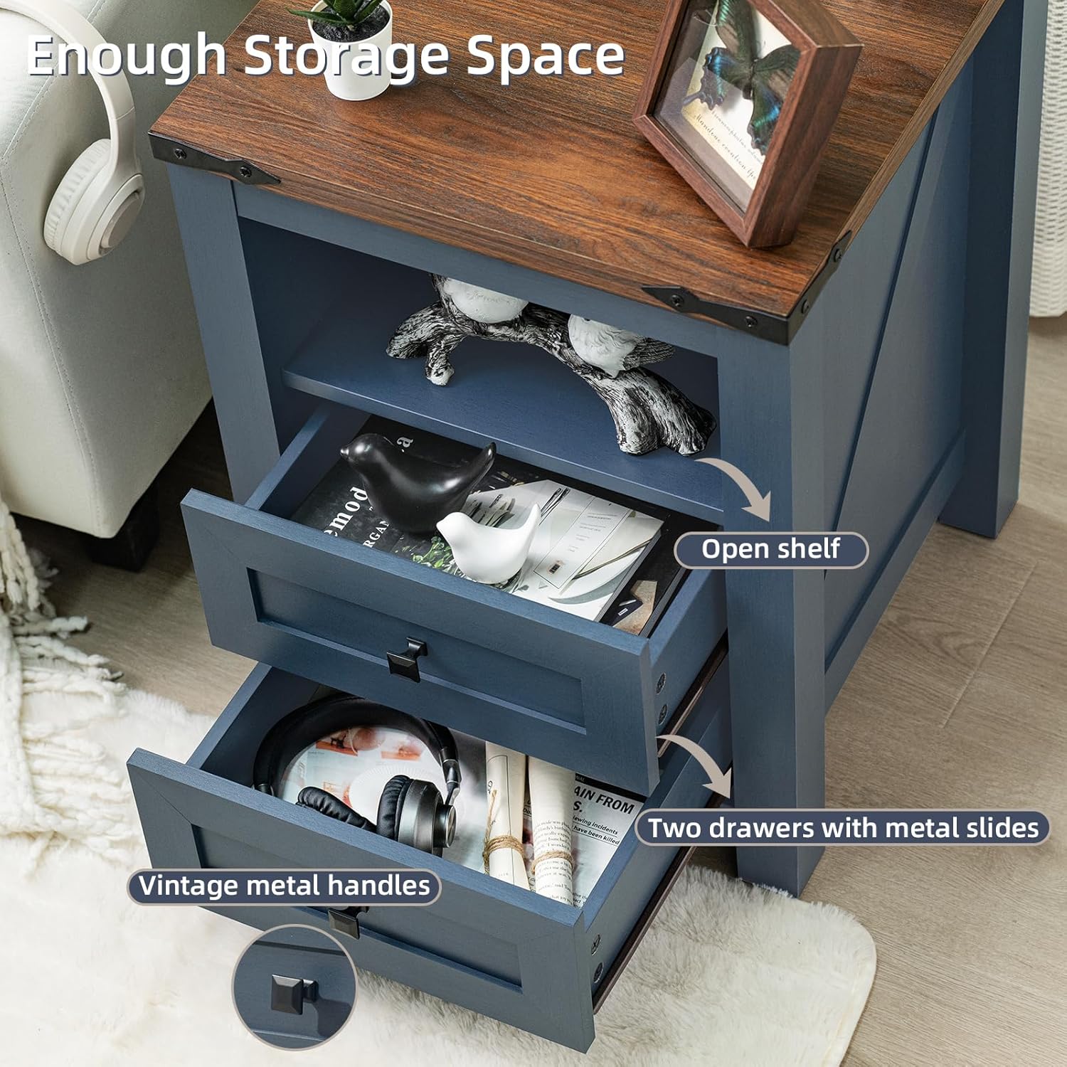 Nightstand with Charging Station, Farmhouse Night Stand with 2 Drawers and Shelf Storage, Blue Wooden Side End Table, Bedside Cabinet for Bedroom, Living Room, Closet,Office