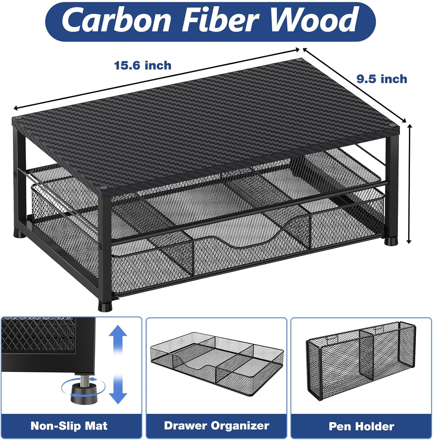 OPNICE Desk Organizer and Accessories, 2-Tier Computer Monitor Stand with Drawer and 2 Pen Holders, Laptop Stand, Office Desk Accessories for Office Supplies, Carbon Fiber