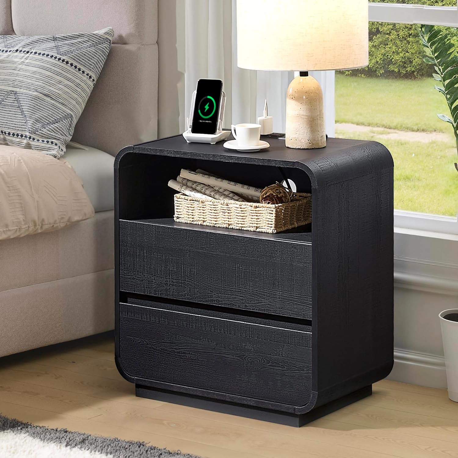 Black Curved Nightstand Set of 2 with Charging Station, 23.2" Wide Wood Bedside Table 2 Storage Drawers, Modern Side Table Handleless, Large End Table Night Stand for Bedroom