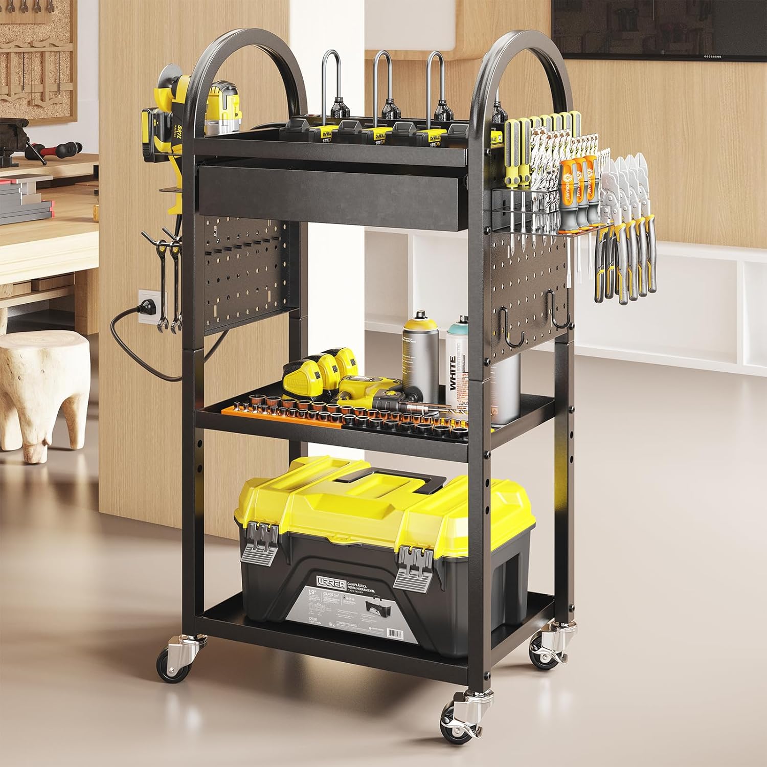 Warome Power Tool Organizer Cart, Dual-Sided Drawer Tool Storage Rack on Wheels with 8-Outlet Charging Station & Pegboard Accessaries, Utility Rolling Cart for Garage Workshop Organizers and Storage