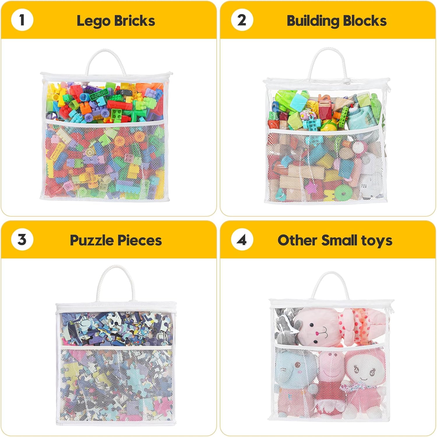 10 PCS Clear Zippered Toy Storage Bags with handle, Kids Toy Storage Organizer with Mesh Pocket for Instructions, Playroom Organizer Plastic Bags for Blocks Set Puzzles-White