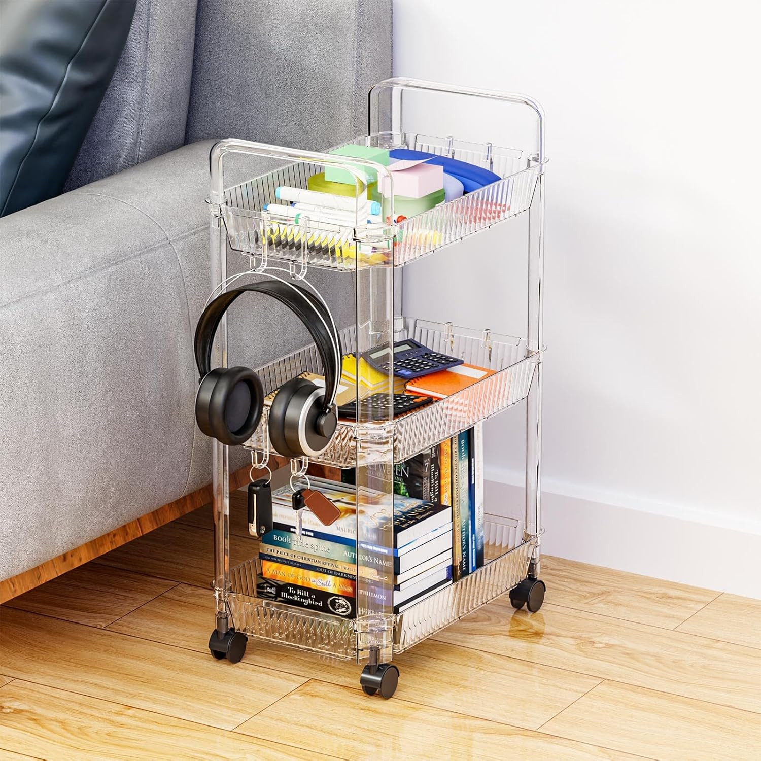 Clear 3 Tier Rolling Utility Cart with Wheels,Modern Bedside Cart for Baby Essentials,Nursery,Diaper Caddy,Baby Supplies,Rolling Storage Carts for Living Room,Bathroom,Kitchen,Book Cart