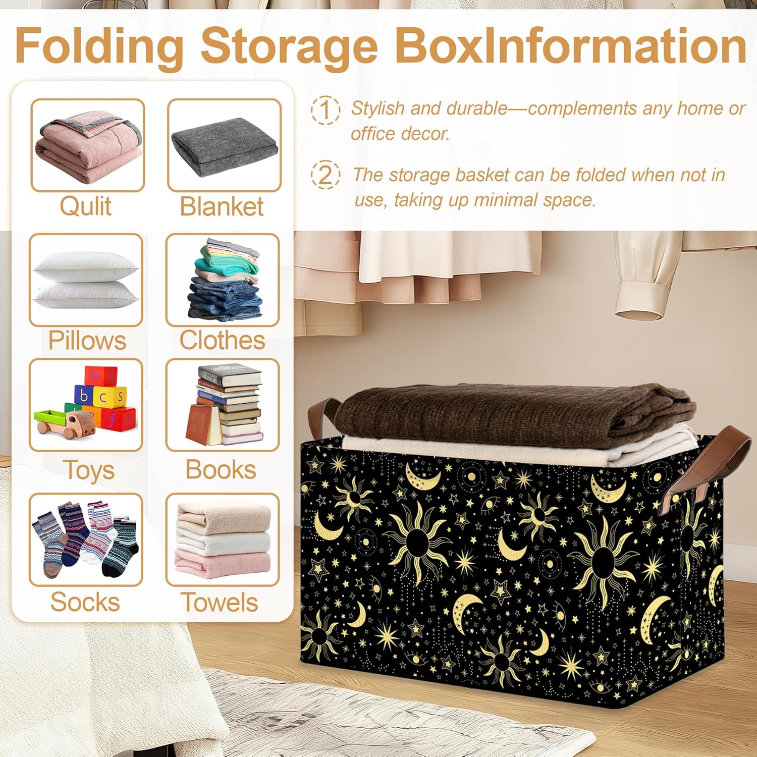 Decorative 32L Starry Night Sky Storage Bins with Handles, Organization and Storage, Cube Storage Organizer for Hamper, Nursery