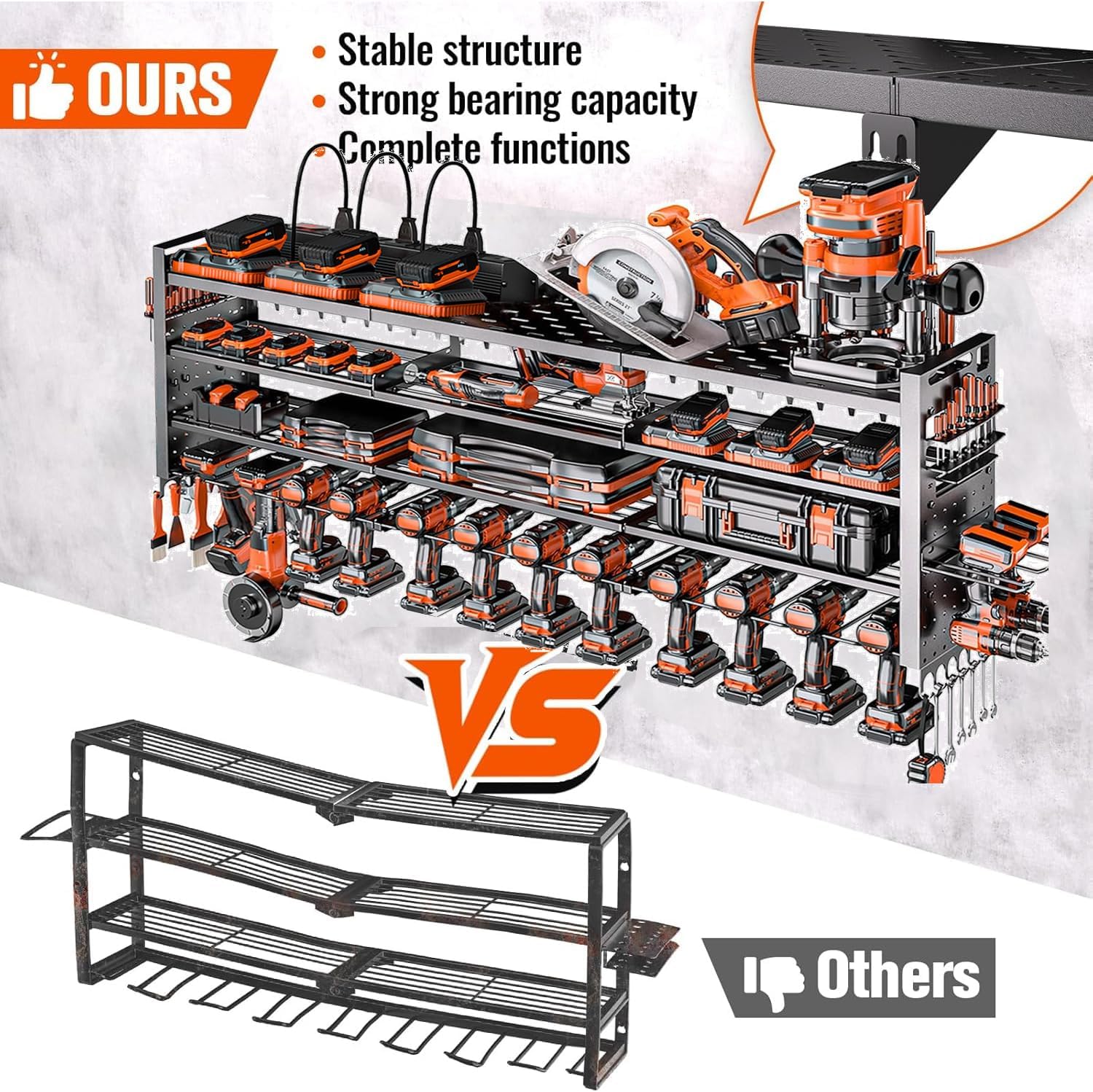 49.8" W Power Tool Organizer Wall Mount with Charging Station, Large Garage Organization with 12 cordless Drill Holder, 4 Layers Tool Organizers and Storage, Tool Rack with 6 Power Strip, Black