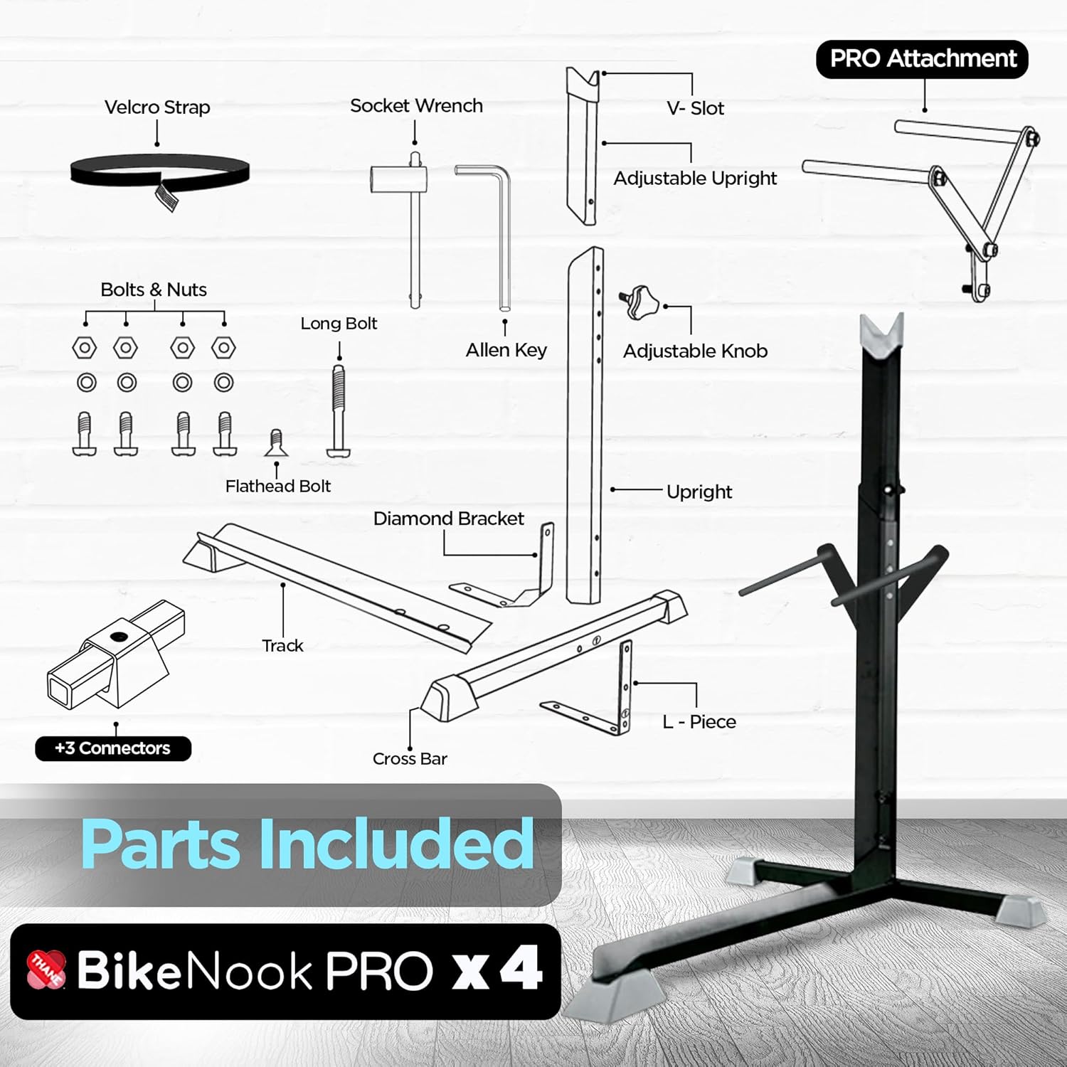 Bike Nook Pro Stand & Vertical Storage Rack - 4 Pack with connectors - The Original Vertical Bicycle Floor Stand for Garage Storage and Indoor and Outdoor use, No Drilling Required