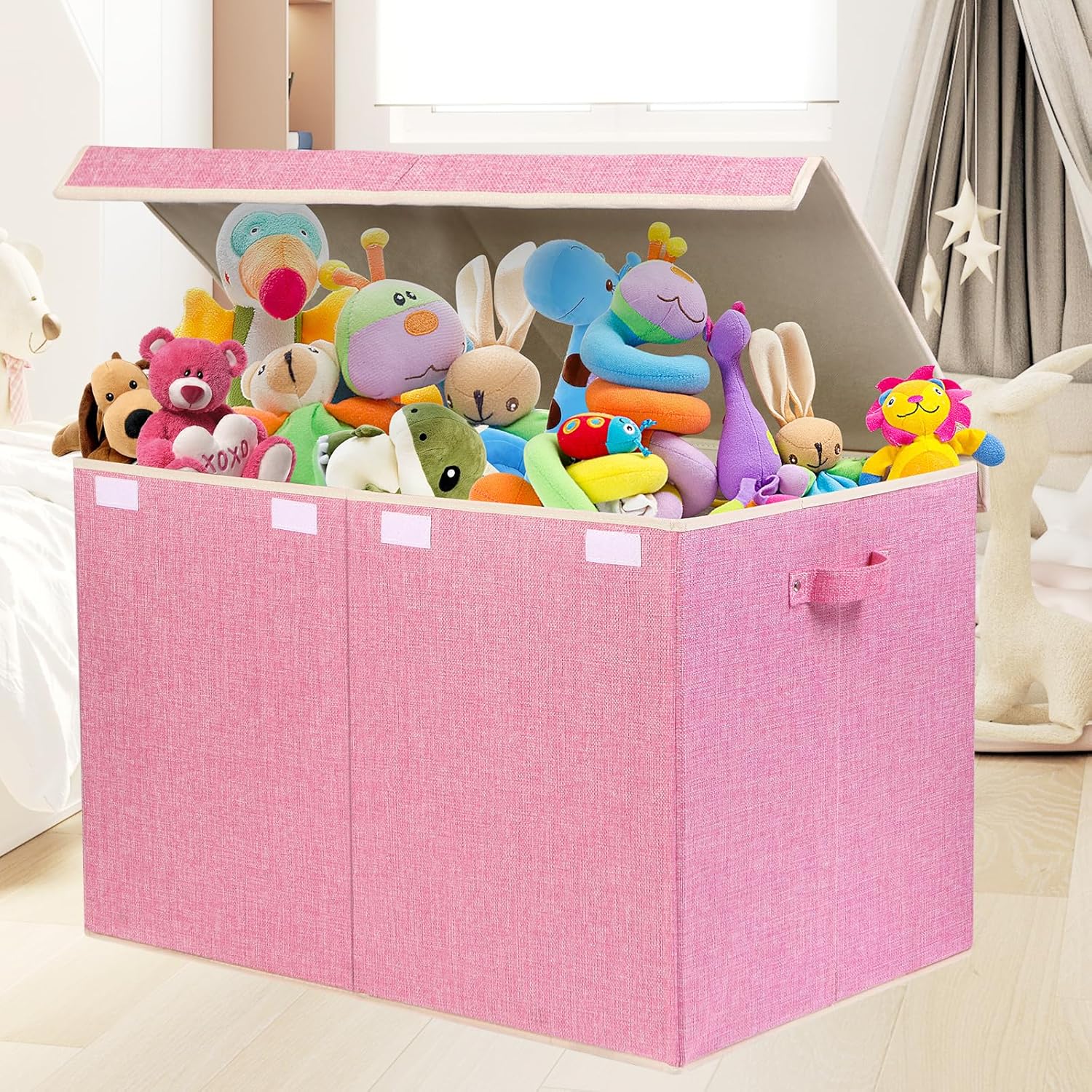 122L Large Toy Box Chest with Lid, Foldable Toy Storage Organizer Bin Boxes with Removable Divider for Kids, Boys, Girls, Nursery, Playroom, 26"x17" x17"(Linen Pink)