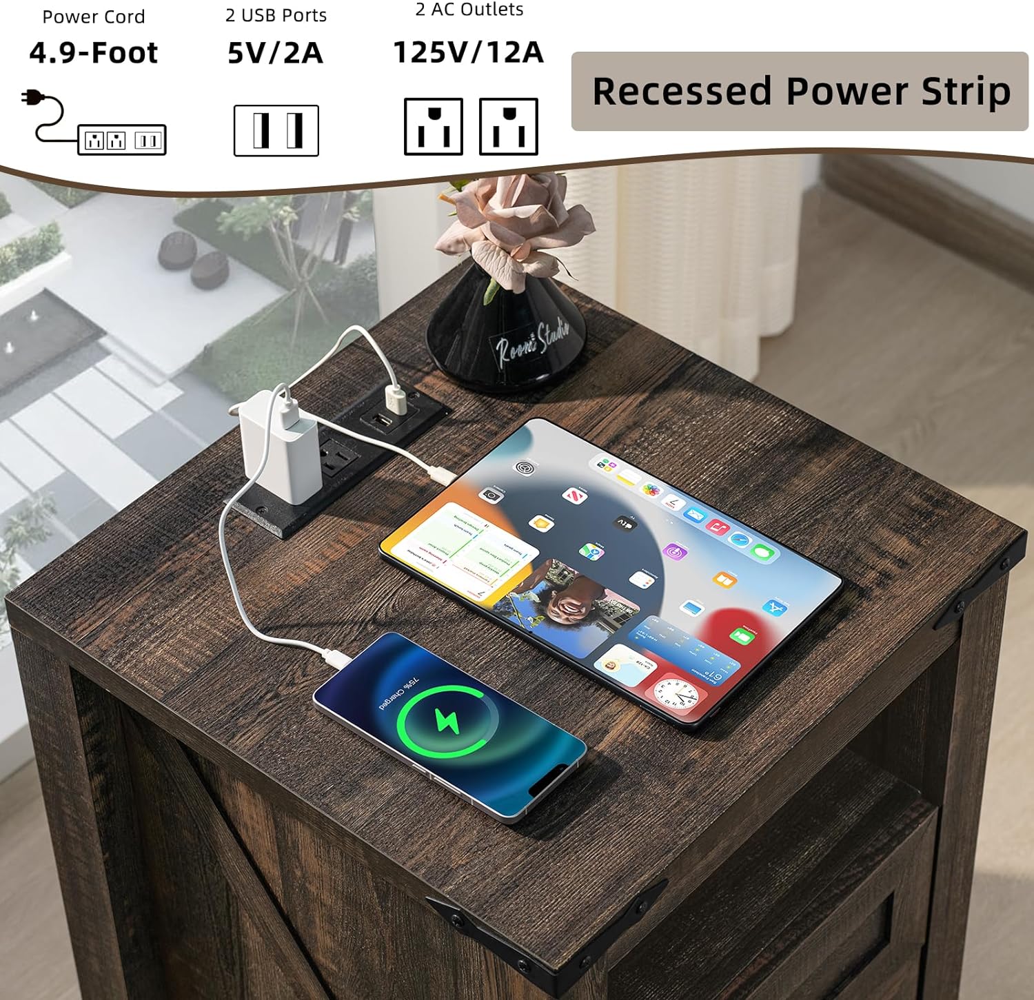 Nightstand with Charging Station and USB Port, Farmhouse Side End Table with 2 Drawers and Shelf Storage, Wooden Sofa Table, Bedside Cabinet for Bedroom, Living Room, Closet, Office (Dark Oak)