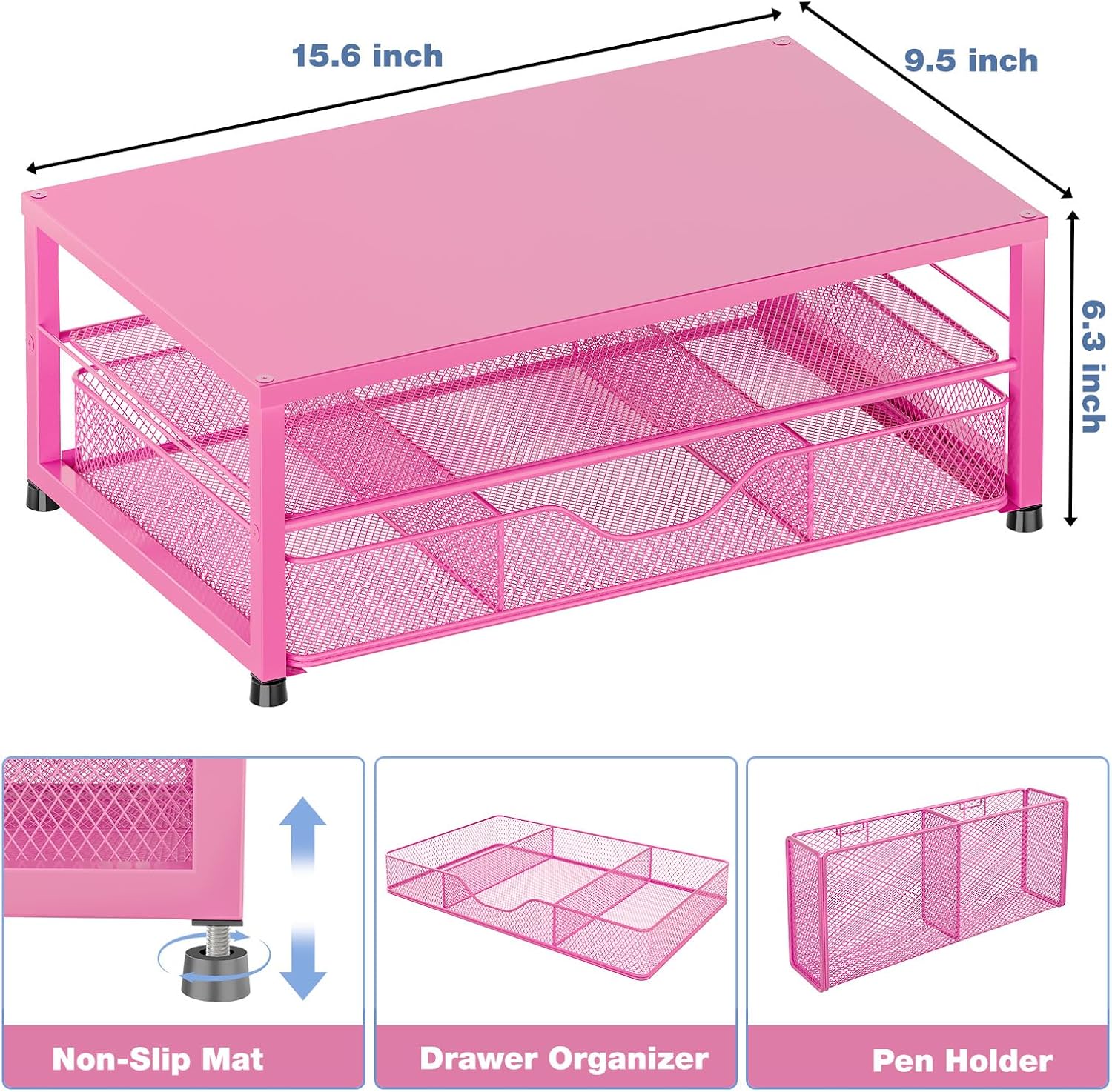 OPNICE Desk Organizer and Accessories, 2-Tier Computer Monitor Stand with Drawer and 2 Pen Holders, Laptop Stand, Office Desk Accessories for Office Supplies, Carmine Rose