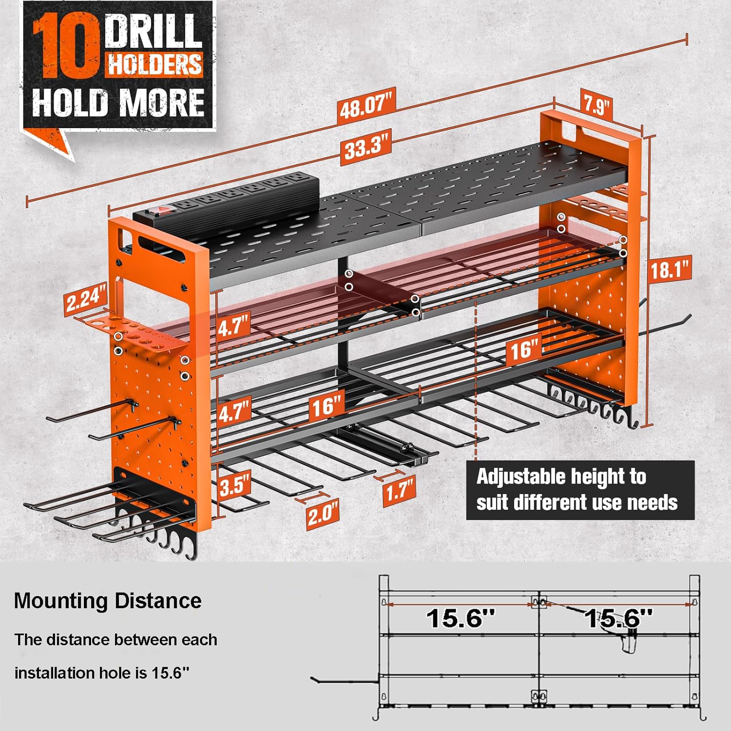 Heavy Duty Power Tool Organizer Wall Mount with Charging Station, Large Garage Organization with 10 cordless Drill Holder, 4 Layers Tool Organizers and Storage, Tool Rack with 6 Power Strip,Orange