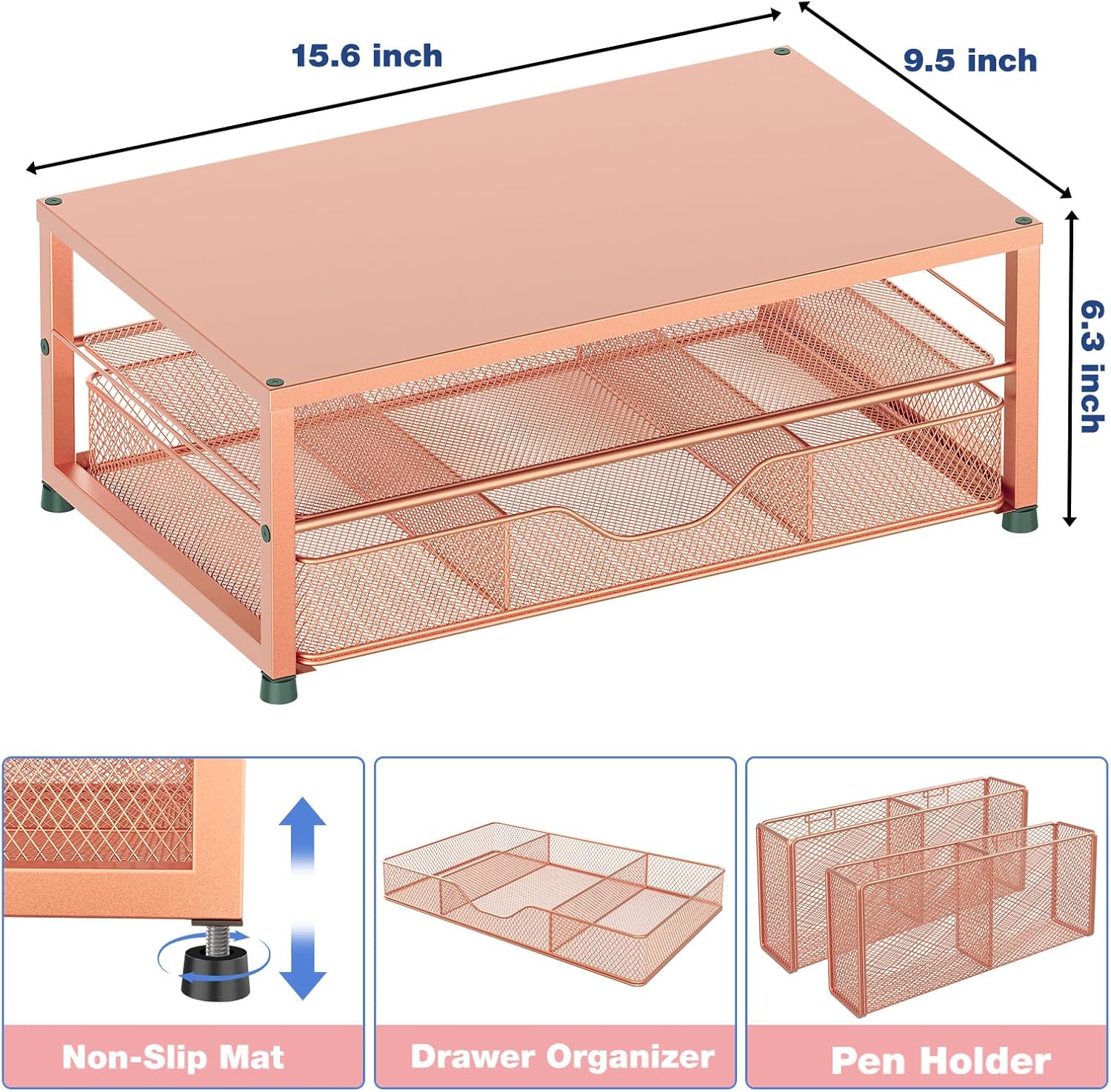 OPNICE Desk Organizers and Accessories, 2-Tier Computer Monitor Stand with Drawer and 2 Pen Holders, Laptop Stand, Office Desk Accessories for Office Supplies, Rose Gold