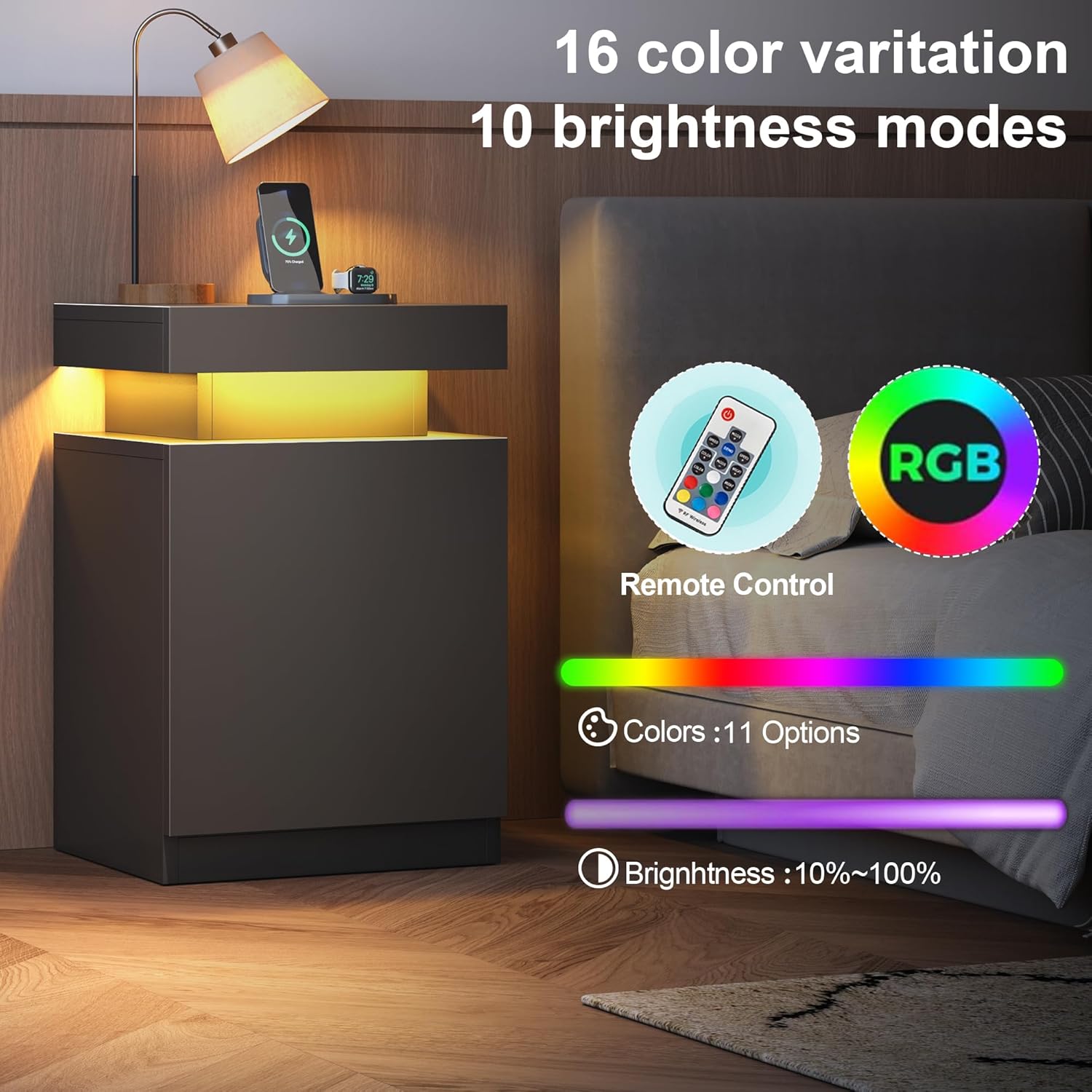 MXV Nightstand with LED Lights & Charging Station, Black Bedside Tables with USB Ports, Storage Cabinet & Drawers for Bedroom, Modern End Tables for Living Room (Black, 17.7，Set of 2)