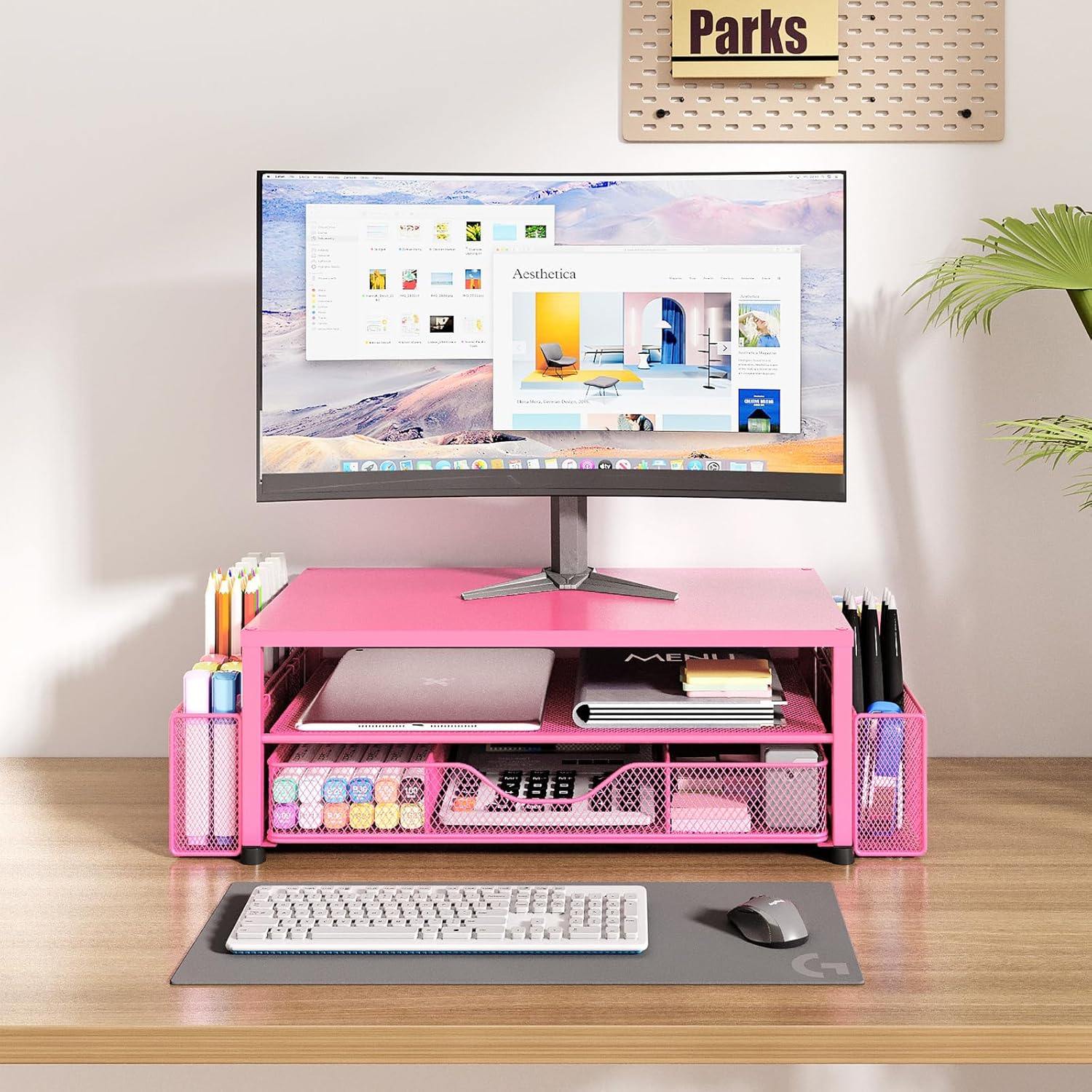 OPNICE Desk Organizer and Accessories, 2-Tier Computer Monitor Stand with Drawer and 2 Pen Holders, Laptop Stand, Office Desk Accessories for Office Supplies, Carmine Rose