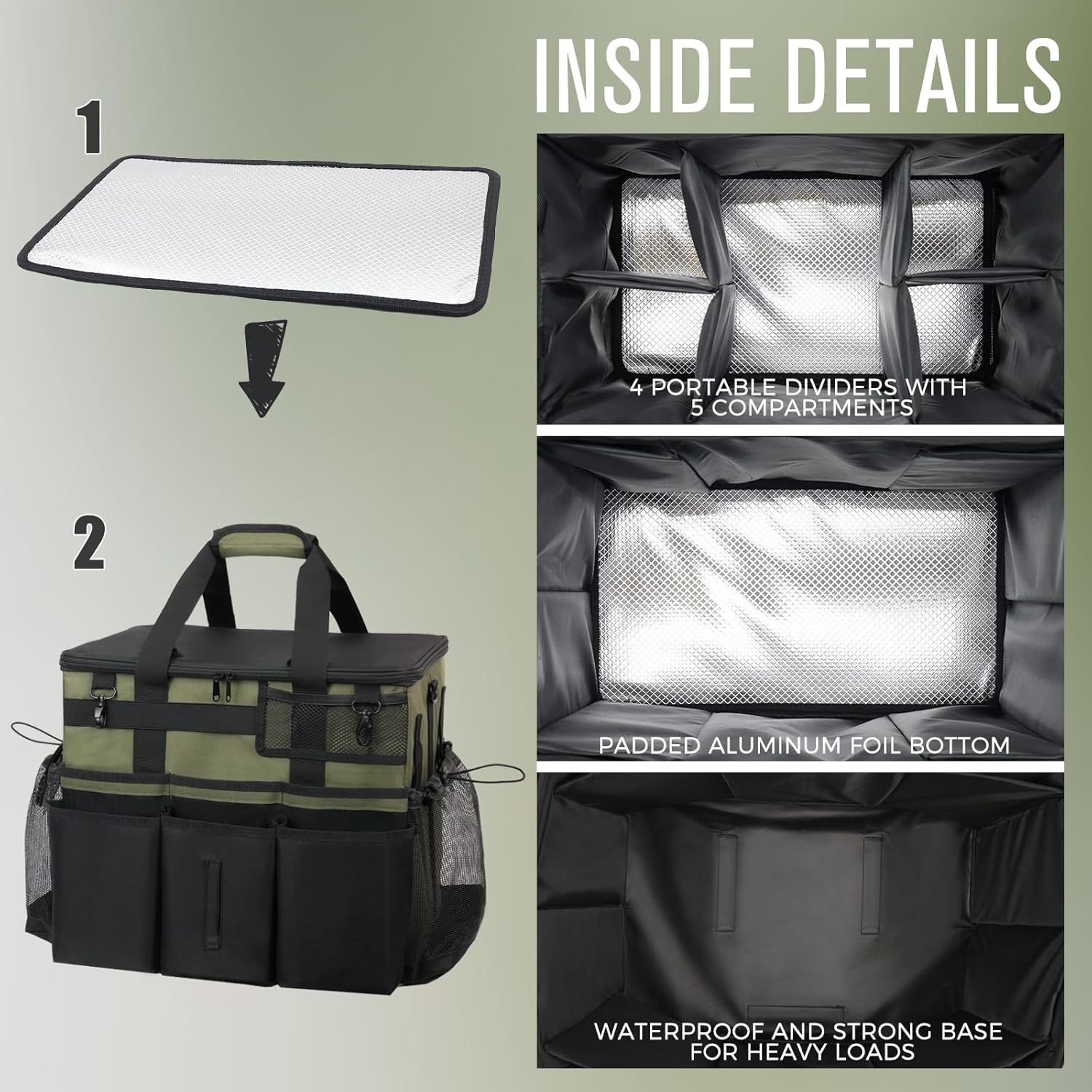 Rolling Cleaning Caddy Bag with Detachable Trolley, Large Cleaning Supplies Organizer with Wheels, Multi-Pocket Cleaning Cart with Adjustable Shoulder Strap for Housekeepers & Home Use, Armygreen