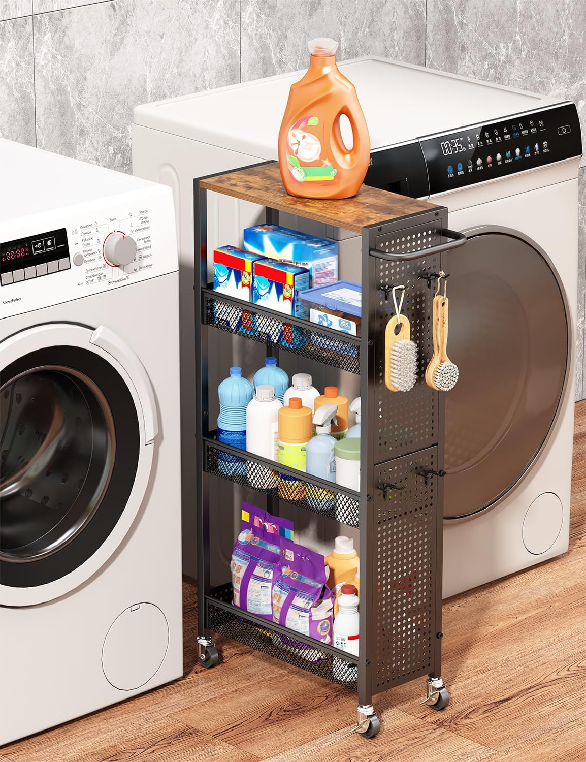 Utility Slim Storage Cart 4 Tier Small Rolling Kitchen Laundry Room Organization Cart with Wood Top Metal Narrow Laundry Room Shelves Cabinet Unit Laundry Organizer Trolley with Handle for Small space