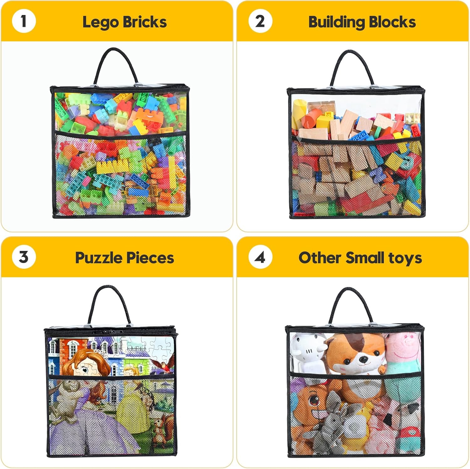 10 PCS Clear Zippered Toy Storage Bags with handle, Kids Toy Storage Organizer with Mesh Pocket for Instructions, Playroom Toy Organizer Plastic Storage Bags for Blocks Set Puzzles,Small Toys