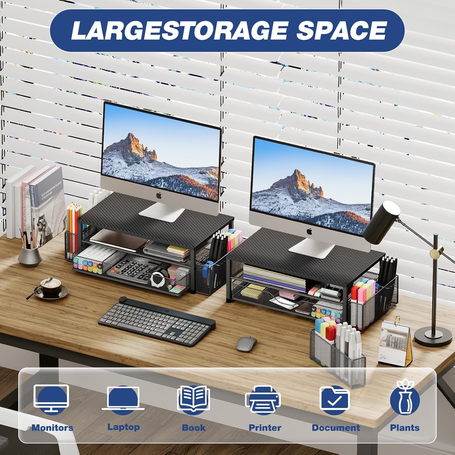 OPNICE Desk Organizer and Accessories, 2-Tier Computer Monitor Stand with Drawer and 2 Pen Holders, Laptop Stand, Office Desk Accessories for Office Supplies, Carbon Fiber