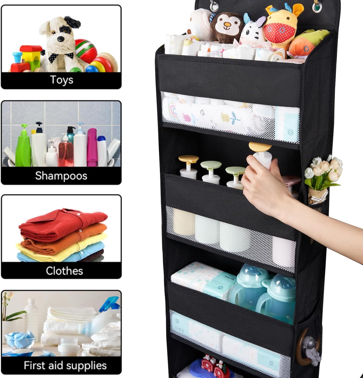 WishJazz Over the Door Organizer, 6 Shelf Hanging Organizer, Anti Tilt 50lbs Back of Door Storage for Bathroom, Nursery, Pantry, Baby Essentials