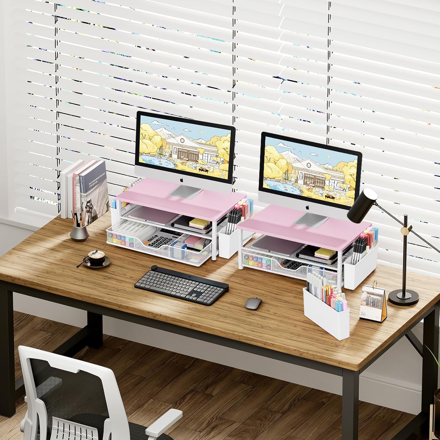OPNICE Desk Organizers and Accessories, 2-Tier Computer Monitor Stand Riser with Drawer and 2 Pen Holders, Laptop Stand, Office Desk Accessories for Office Supplies, Pink Wood