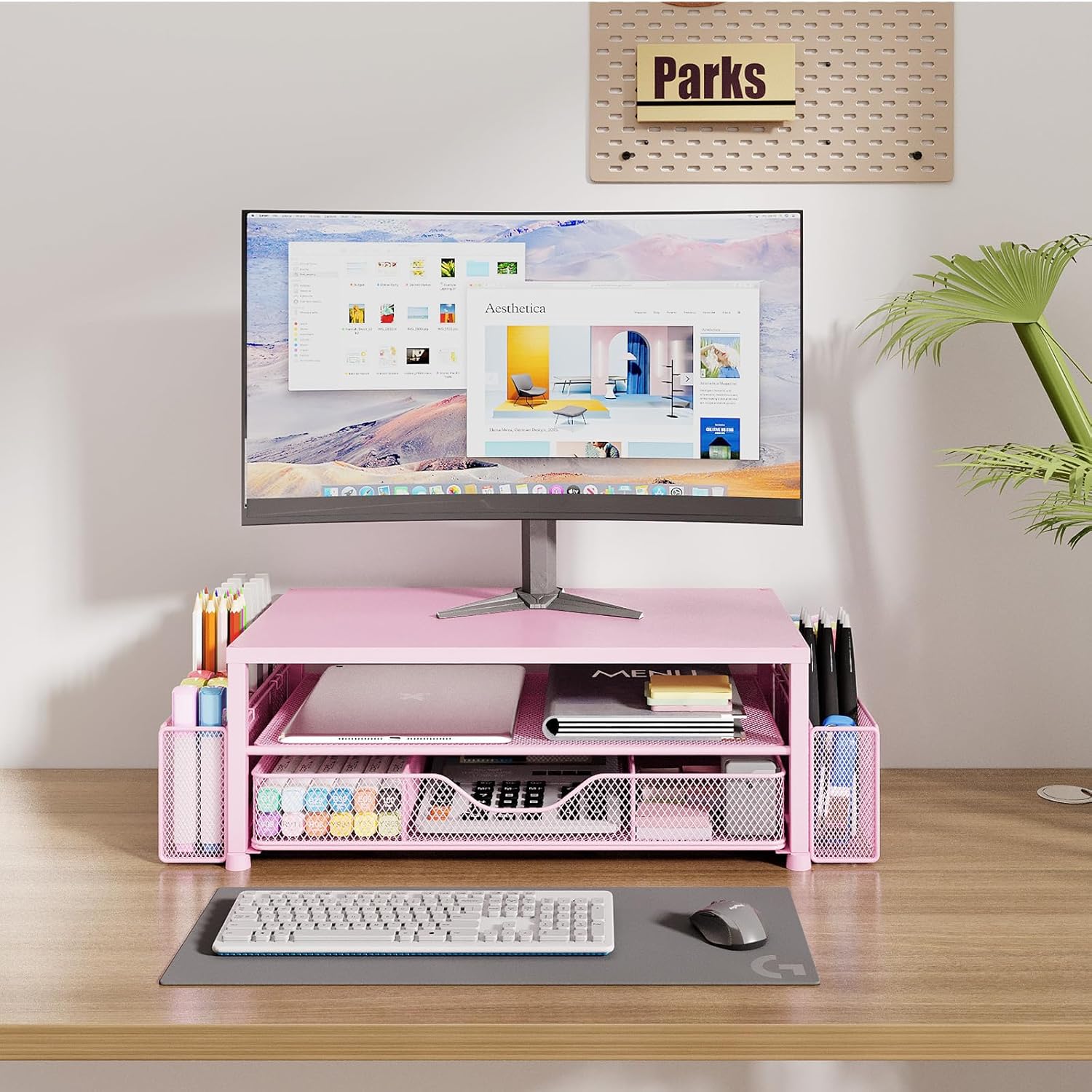 OPNICE Desk Organizers and Accessories, 2-Tier Computer Monitor Stand Riser with Drawer and 2 Pen Holders, Laptop Stand, Office Desk Accessories & Office Decor for Women, Pink