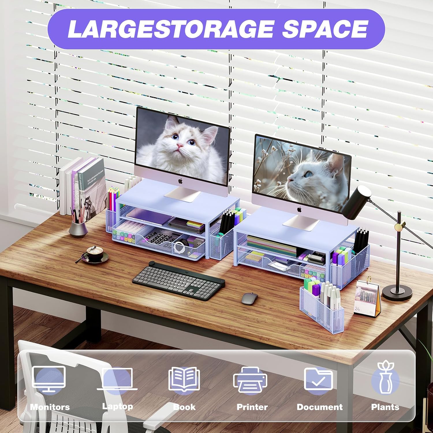 OPNICE Desk Organizers and Accessories, 2-Tier Computer Monitor Stand Riser with Drawer and 2 Pen Holders, Laptop Stand, Office Desk Accessories for Office Supplies, Blue