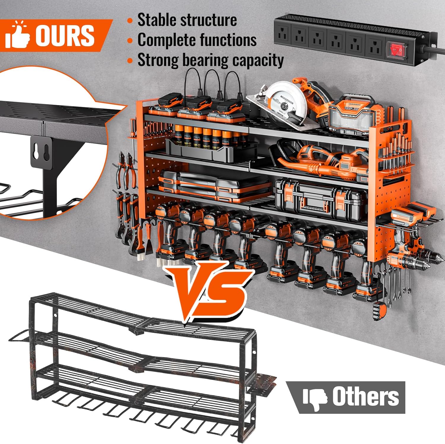 Heavy Duty Power Tool Organizer Wall Mount with Charging Station, Large Garage Organization with 10 cordless Drill Holder, 4 Layers Tool Organizers and Storage, Tool Rack with 6 Power Strip,Orange